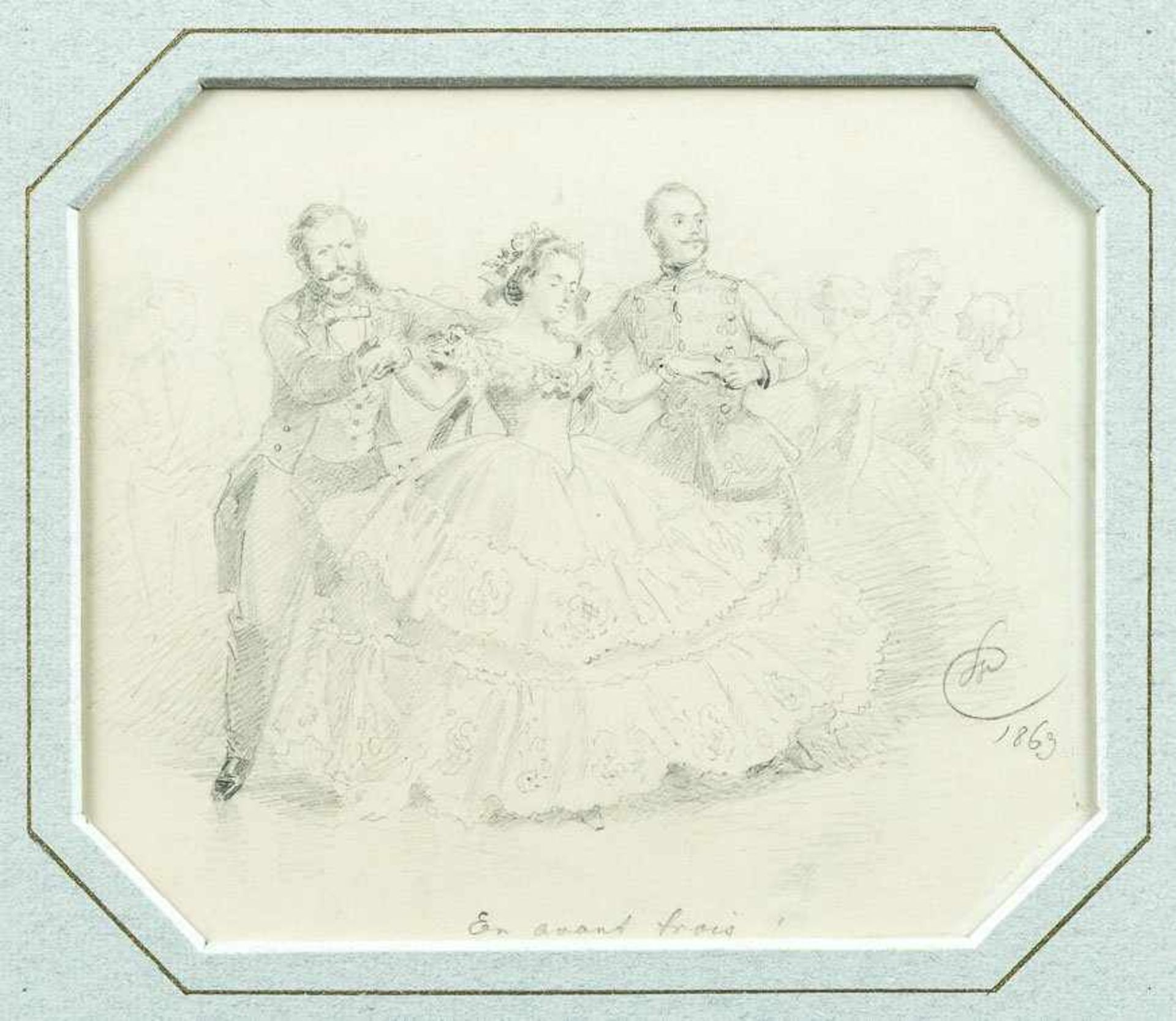 Camphausen, Wilhelm (1818-1885) En avant trois. Tanzvergnügen mit Dame und 2 Kavalieren. Monogr.