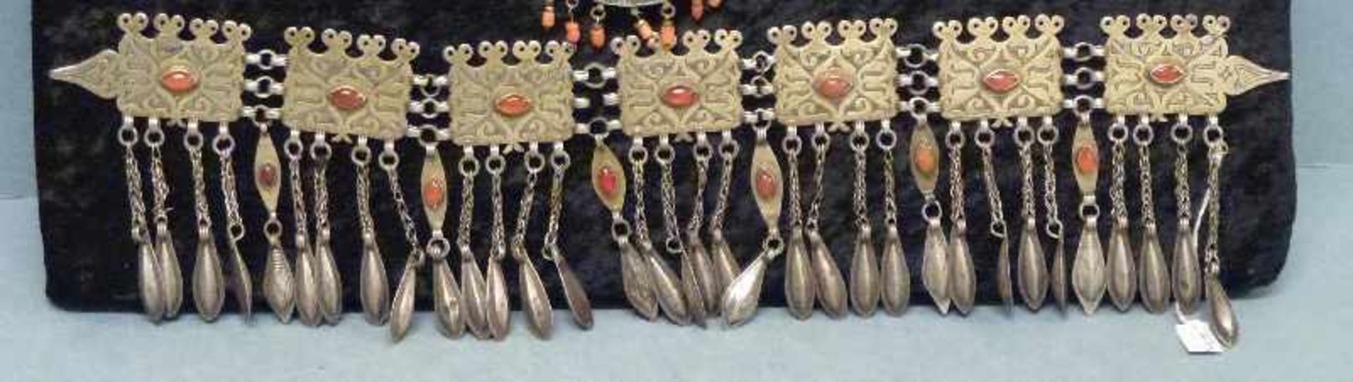 turkmenischer Stirnschmuck, Jaumud Silber, teilvergoldet, 7 rechteckige Glieder, Kettenanhänger,