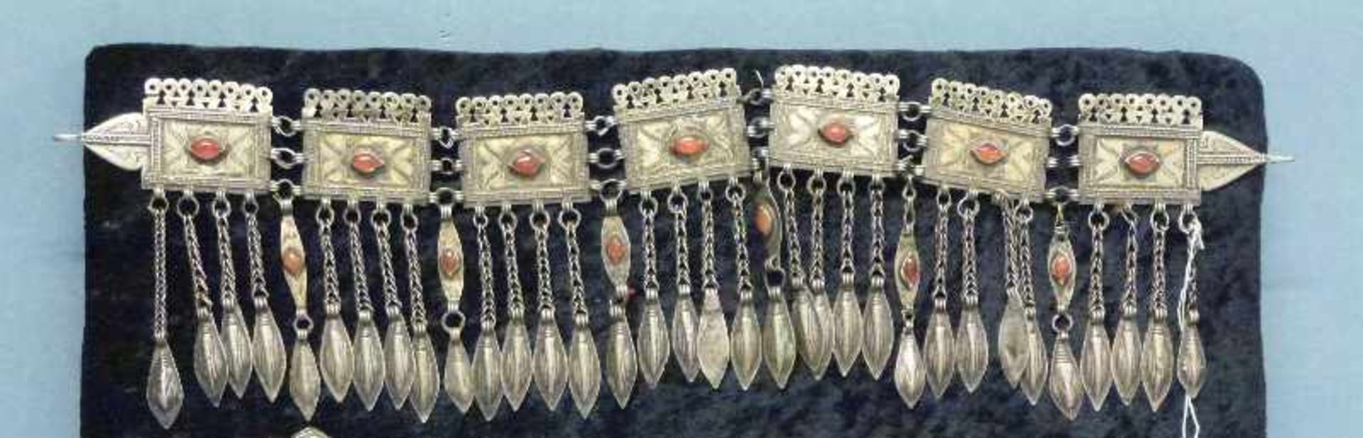turkmenischer Stirnschmuck, Jaumud Silber, teilvergoldet, 7 rechteckige Glieder, Kettenanhänger,