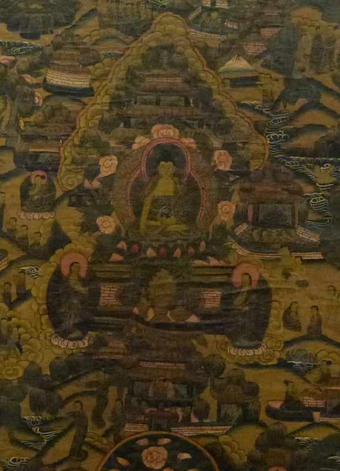 Thangka, 1.Hälfte 20.Jh. Öl/Lw, mittig Buddha, von Figuren in versch. Lebenssituationen umgeben, - Bild 3 aus 3