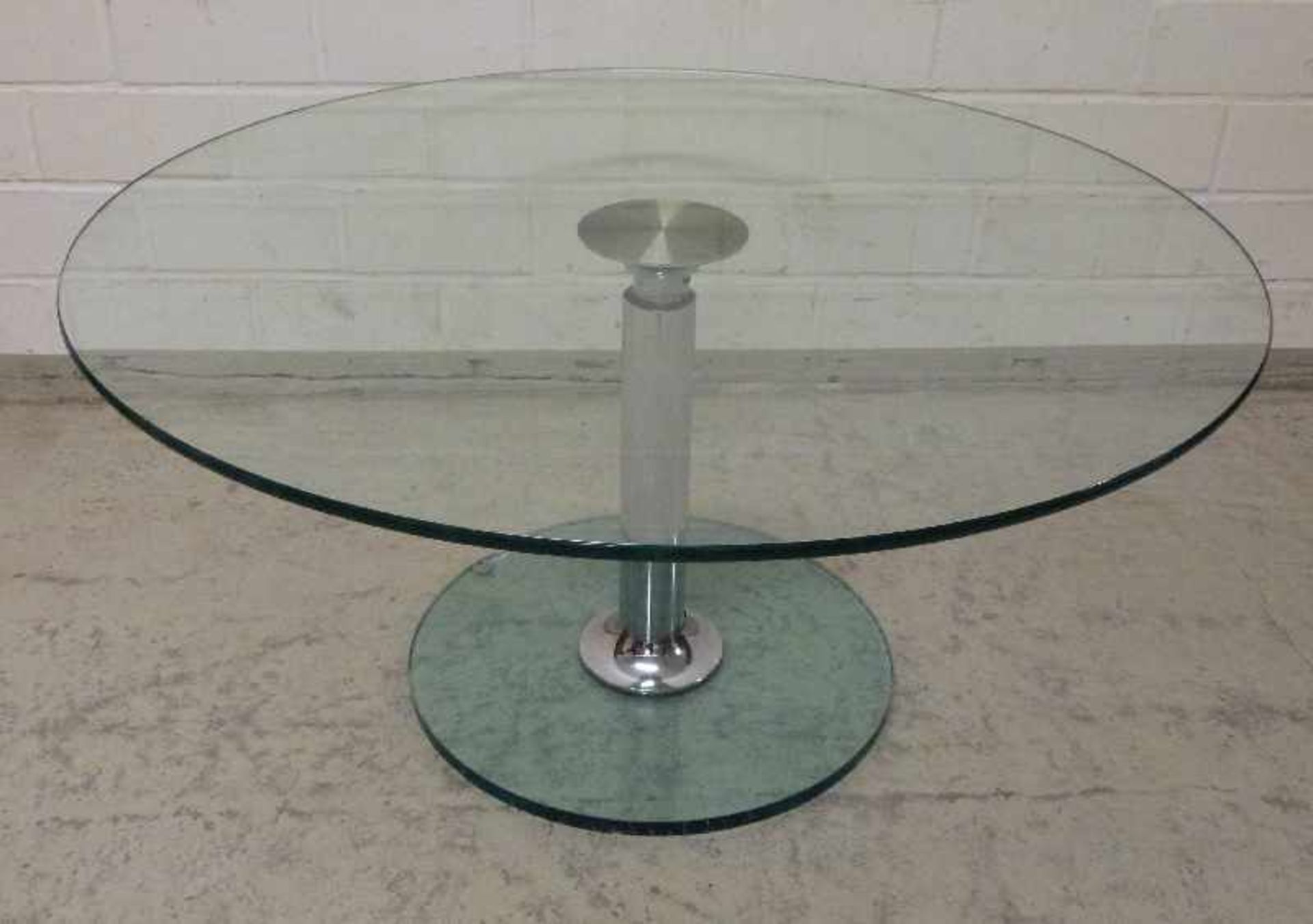 Design-Tisch Glas/Edelstahl, rund, dicke Standscheibe (Chips,Kratzer), höhenverstellbare Säule,