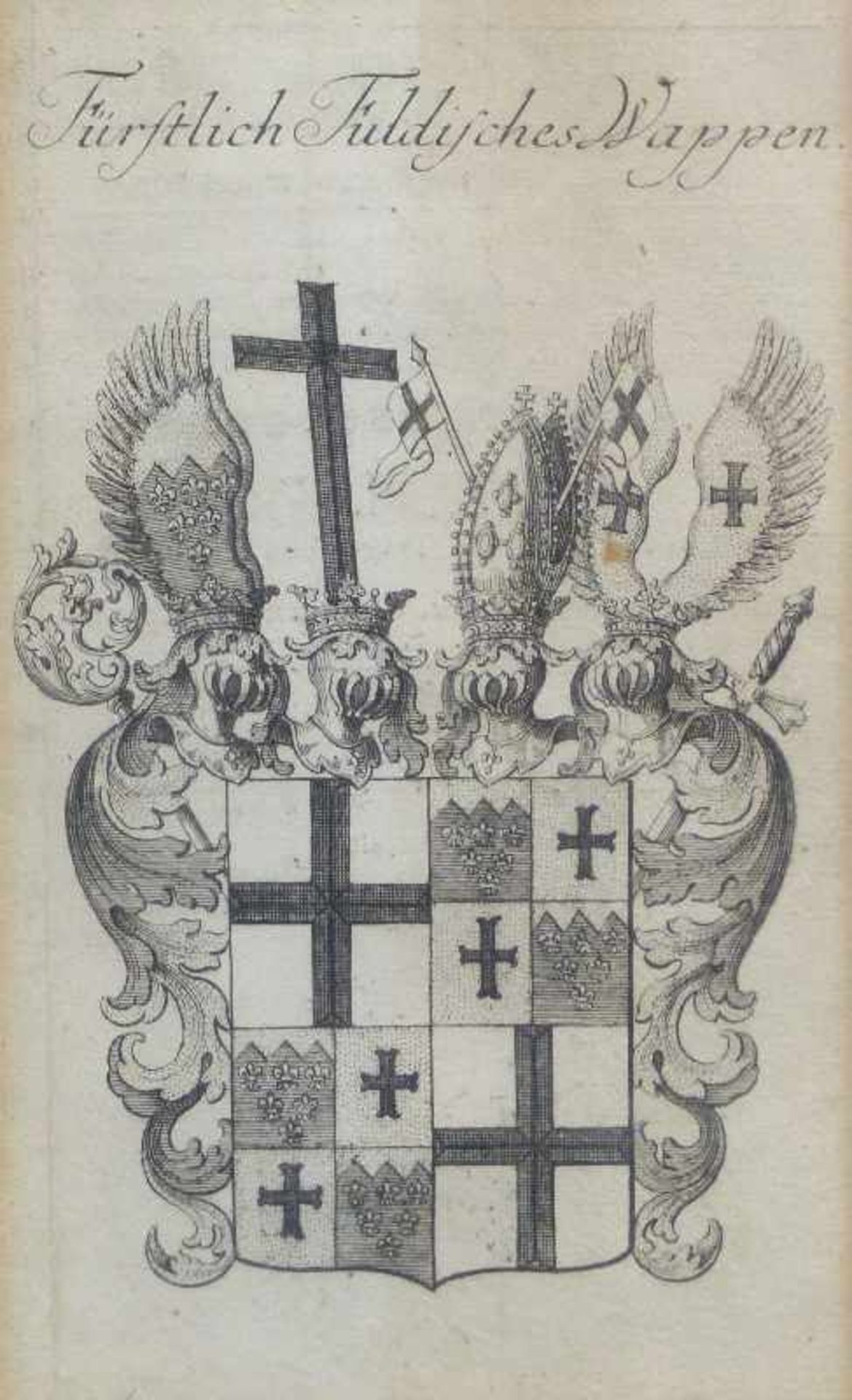 Kupferstich "Fürstlich Fuldisches Wappen" Johann D. Köhler, aus Wappenkalender v. Chr. Weigel,
