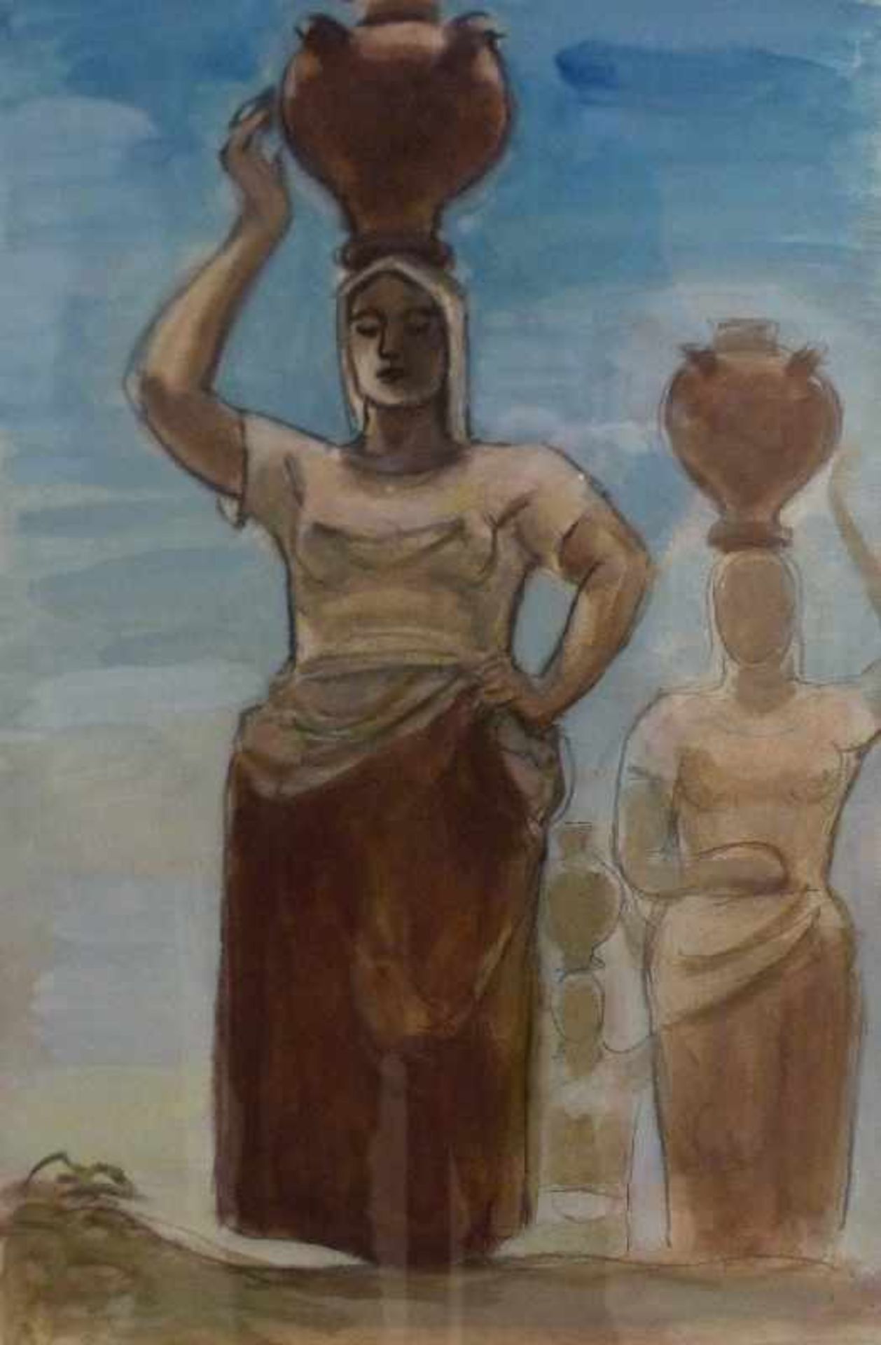 Krugträgerinnen aquarellierte Bleistiftzeichnung, unsign., auf d. Kopf Krug tragende Frauen vor