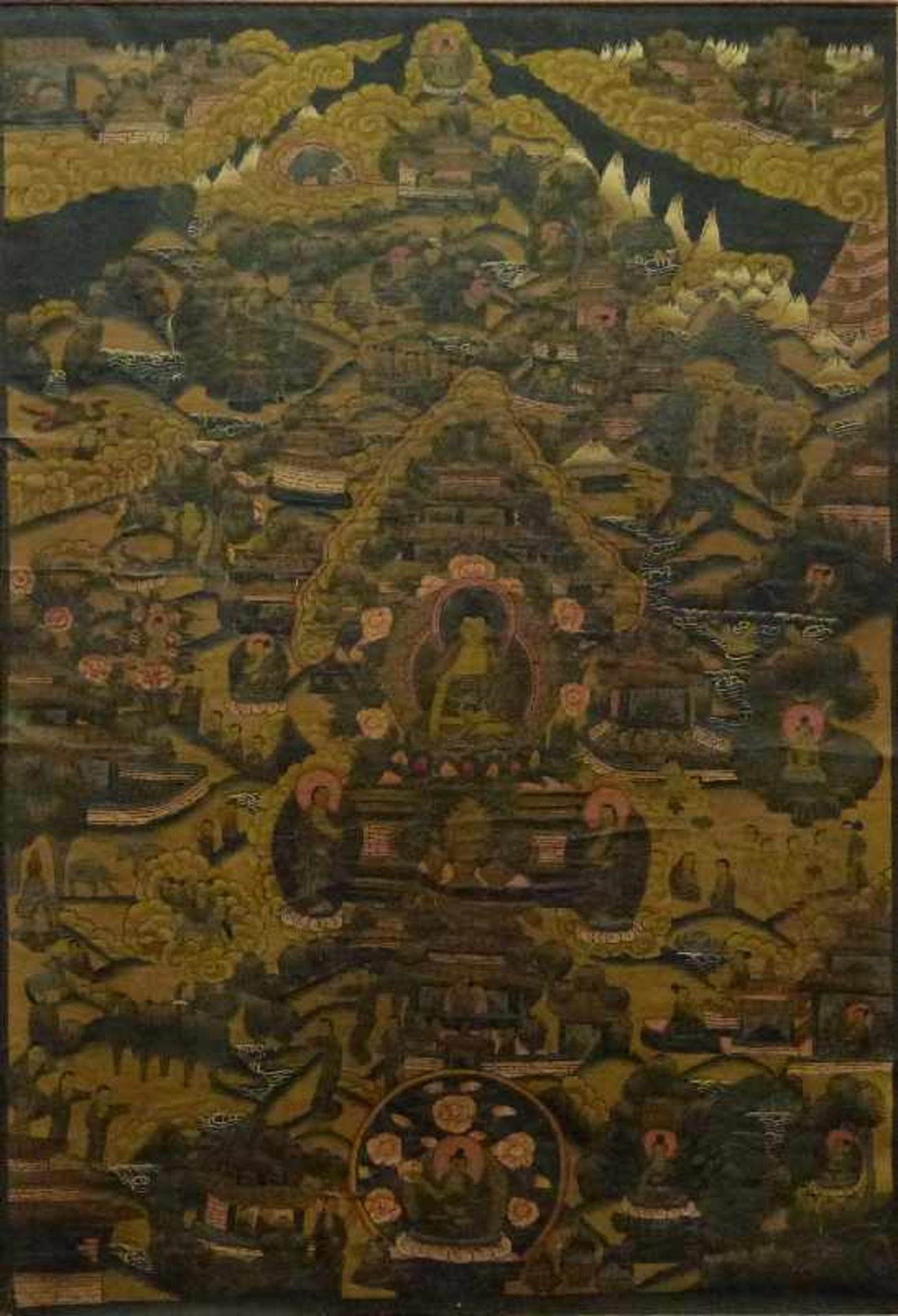 Thangka, 1.Hälfte 20.Jh. Öl/Lw, mittig Buddha, von Figuren in versch. Lebenssituationen umgeben,