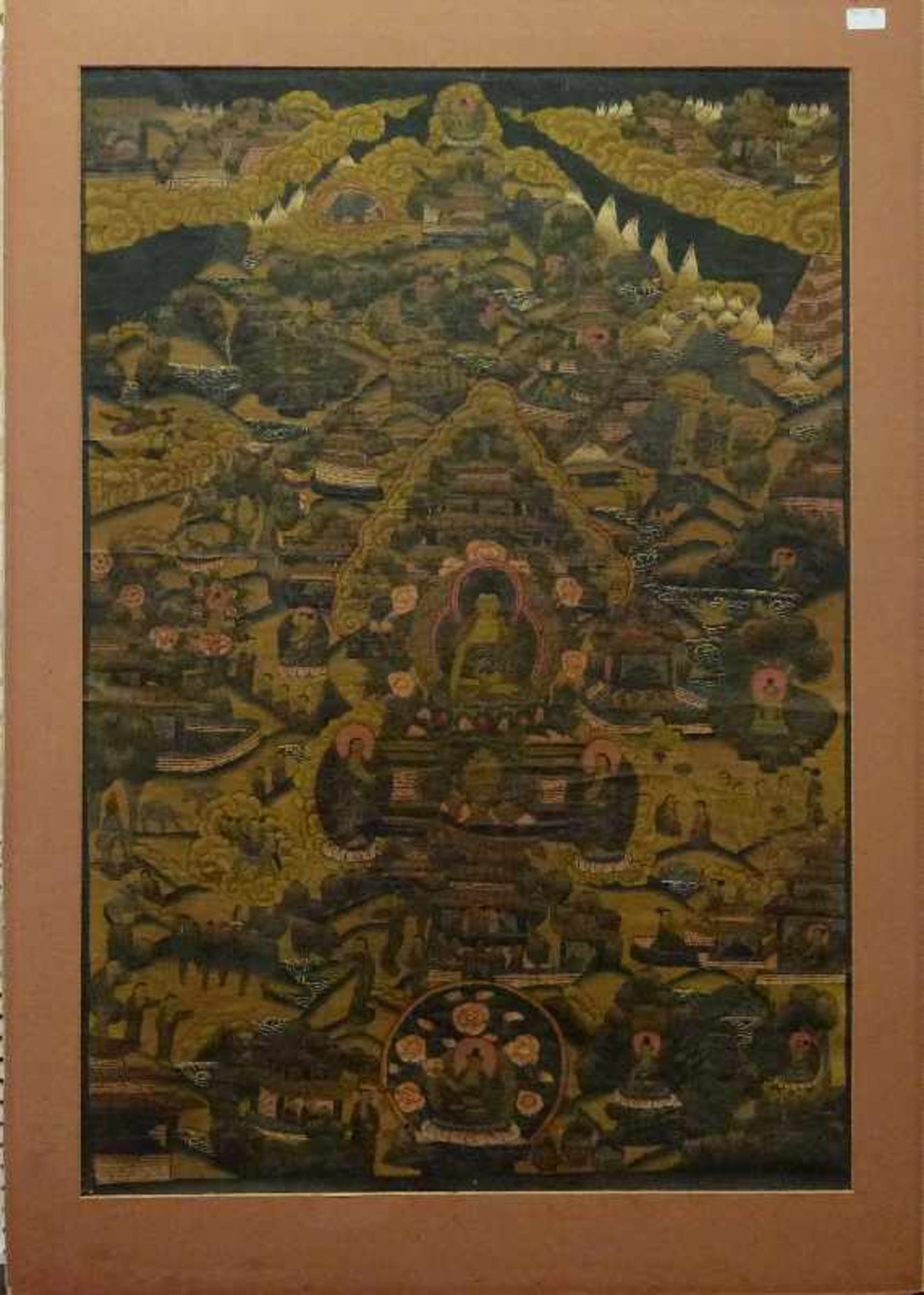 Thangka, 1.Hälfte 20.Jh. Öl/Lw, mittig Buddha, von Figuren in versch. Lebenssituationen umgeben, - Bild 2 aus 3