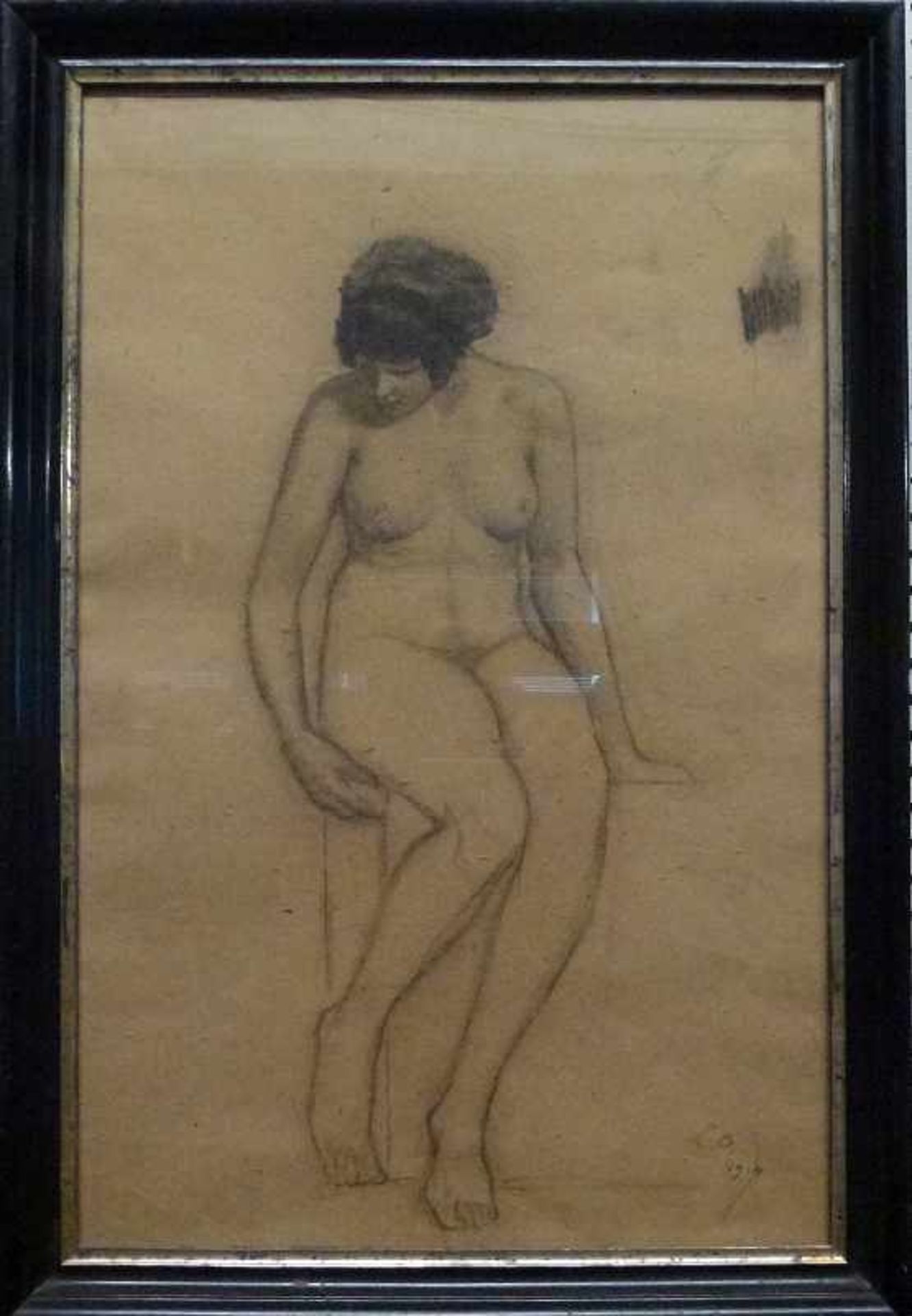 Aktstudie Bleistiftzeichnung, monogr. LG. 1914, auf Bord sitzende junge Frau, R., 47x30 cm - Bild 2 aus 3