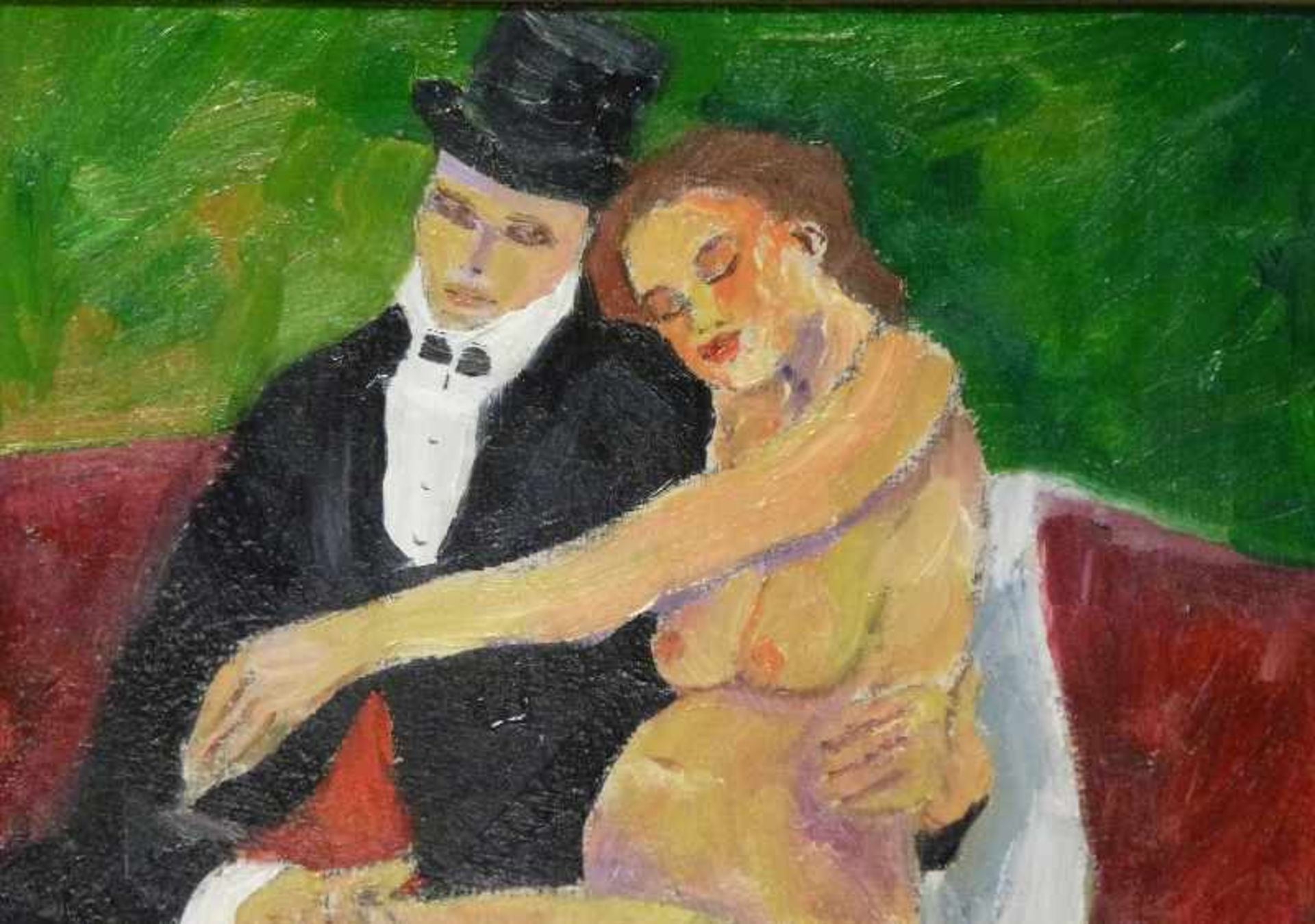 "Trost im Pariser Atelier", Boris Pavlov (1928-2005) Öl/Platte, sign., auf rotem Sofa sitzendes - Bild 2 aus 4
