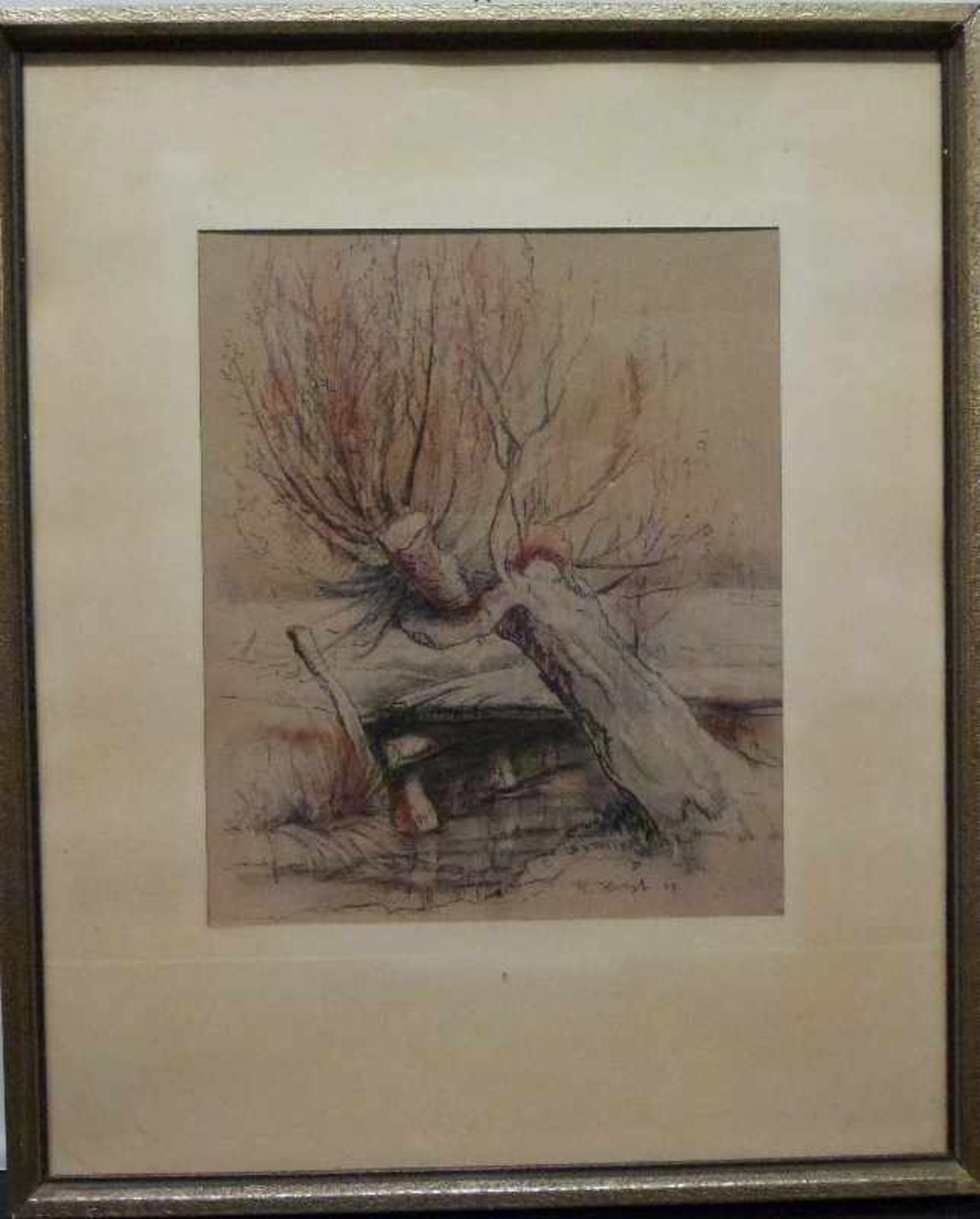 Kopfweide, sign. H. Holst. 45. Blei- und Buntstift, winterliche Weide am Bach, R, 28x23 cm - Bild 2 aus 3