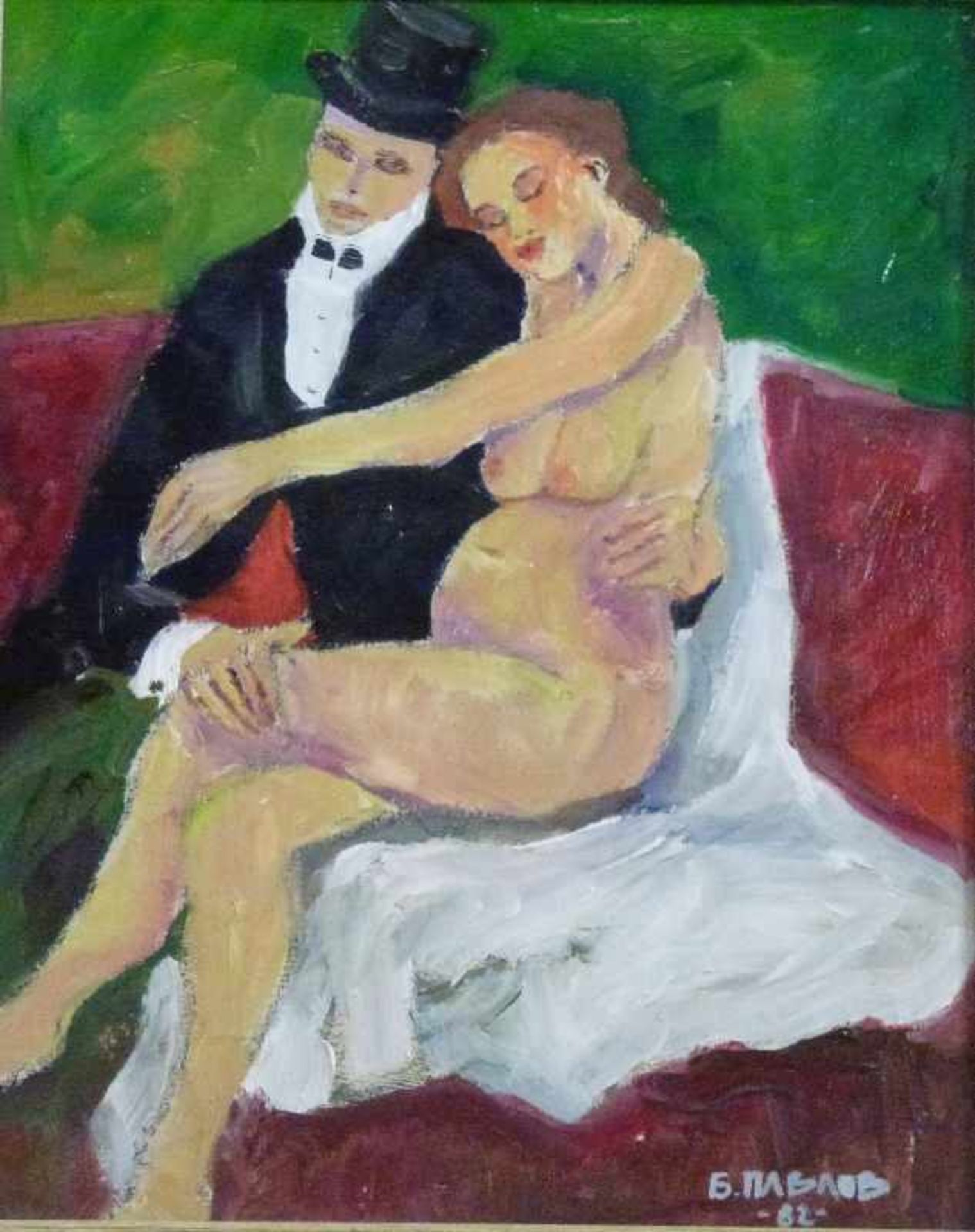 "Trost im Pariser Atelier", Boris Pavlov (1928-2005) Öl/Platte, sign., auf rotem Sofa sitzendes