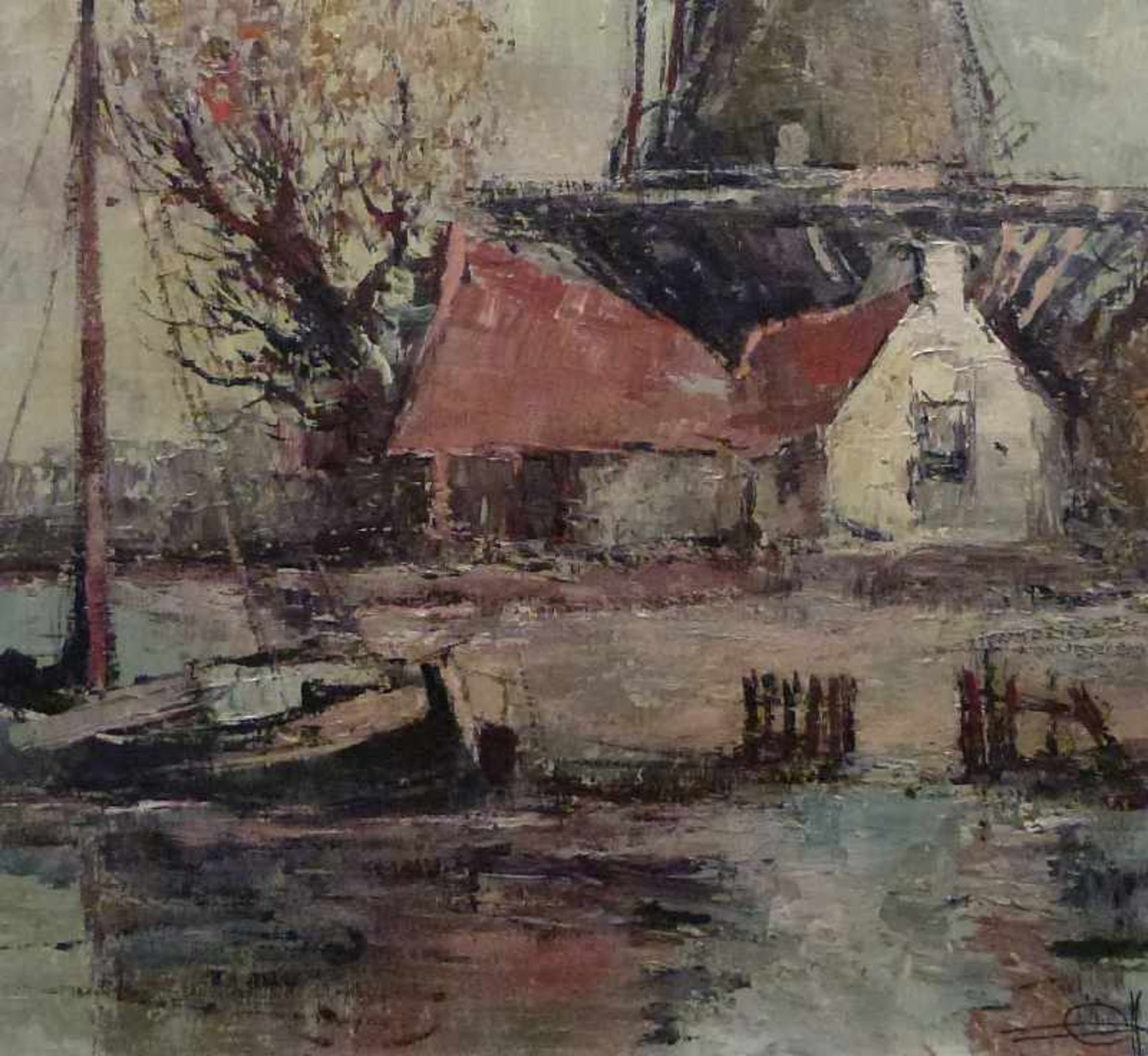 Windmühle, Ewald Hess (1908-1995) Öl/Platte, sign., Windmühle und Kate am Ufer, Fischerboot im VG, - Bild 4 aus 4