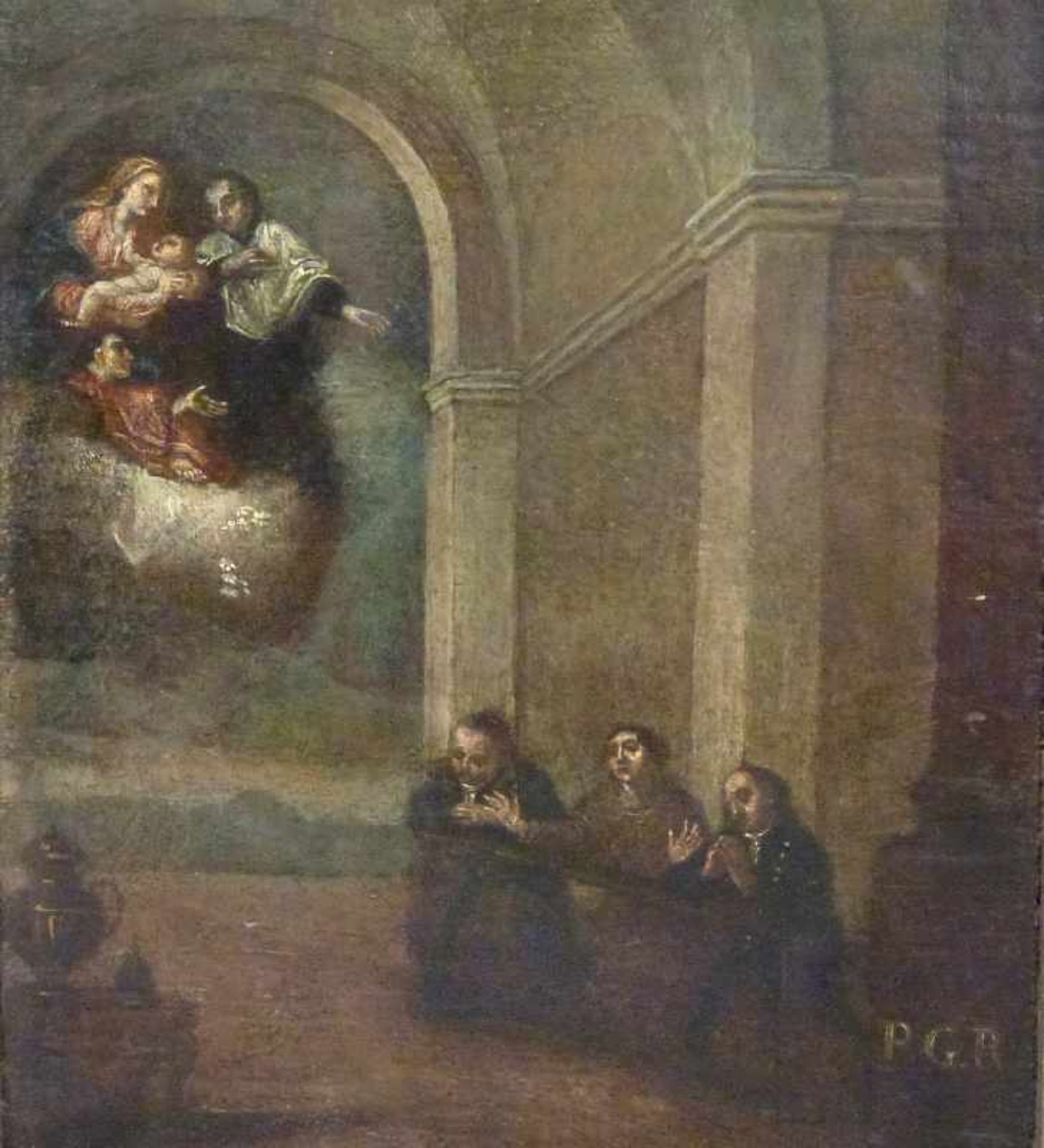 Votivbild, 19.Jh. Öl/Holz, in Kirche Betende und Flehende, Maria mit Jesuskind in Wolken, Monogr.: