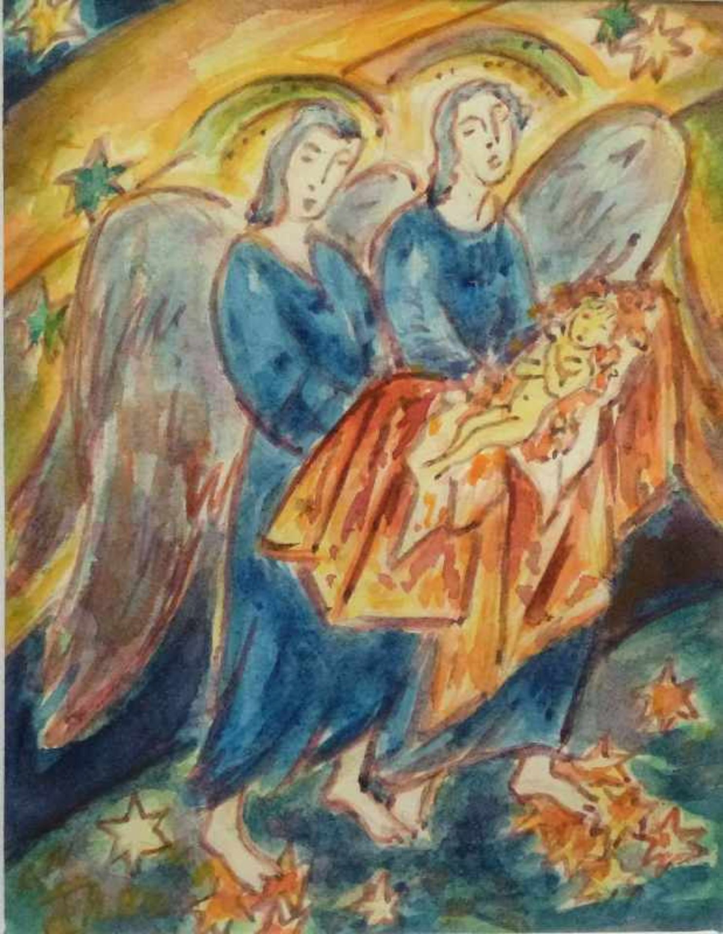 "Zwei Engel tragen das Jesuskind", Thea Schleusner (1879-1964), 1942 Aquarell/Bütten, R, 18x14 cm