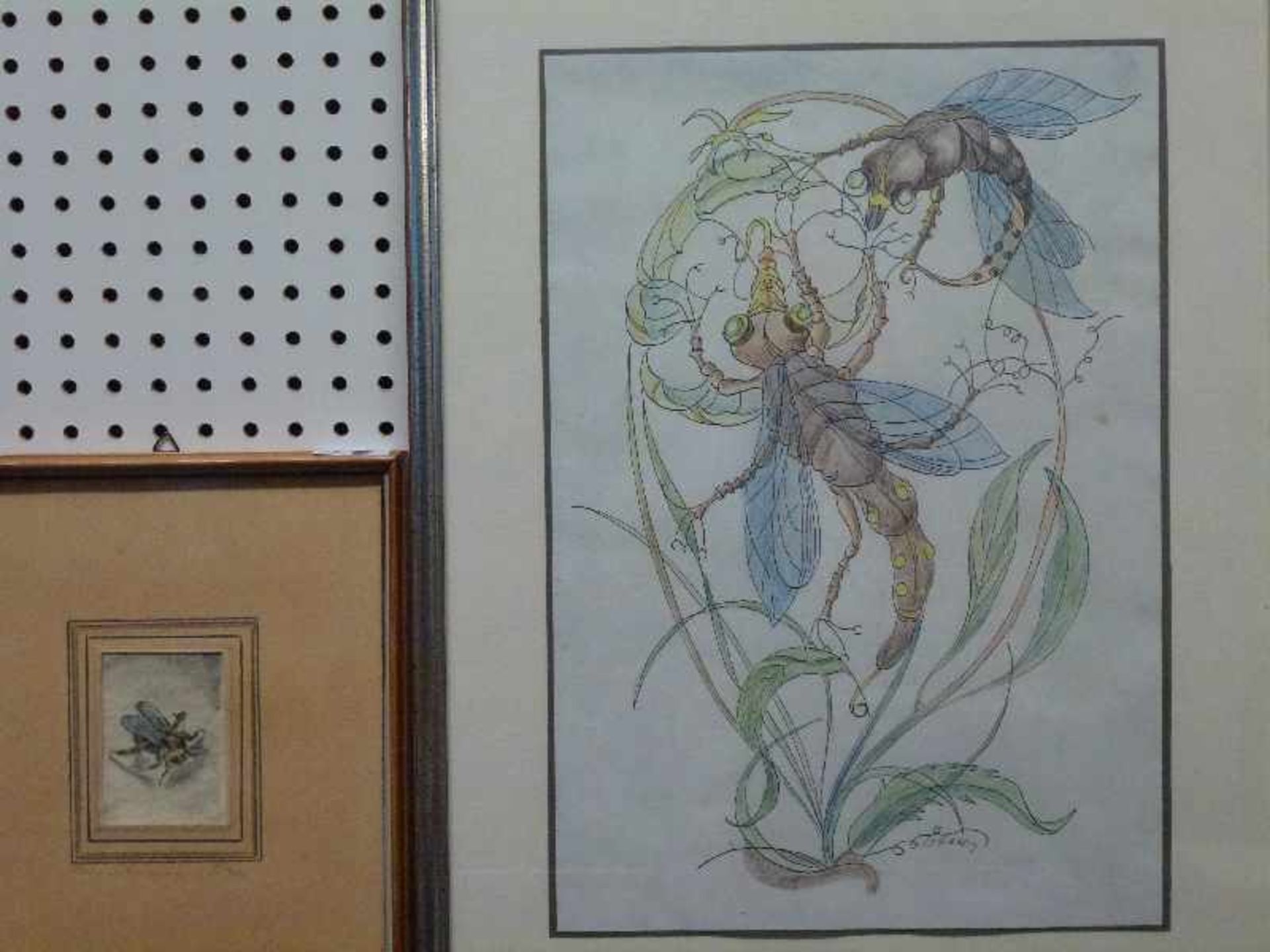 2 Radierungen, Walter Hobein (1899-1987) bunstift-coloriert, Hummel bzw. Libellen, R, 5,5x4/28x19cm