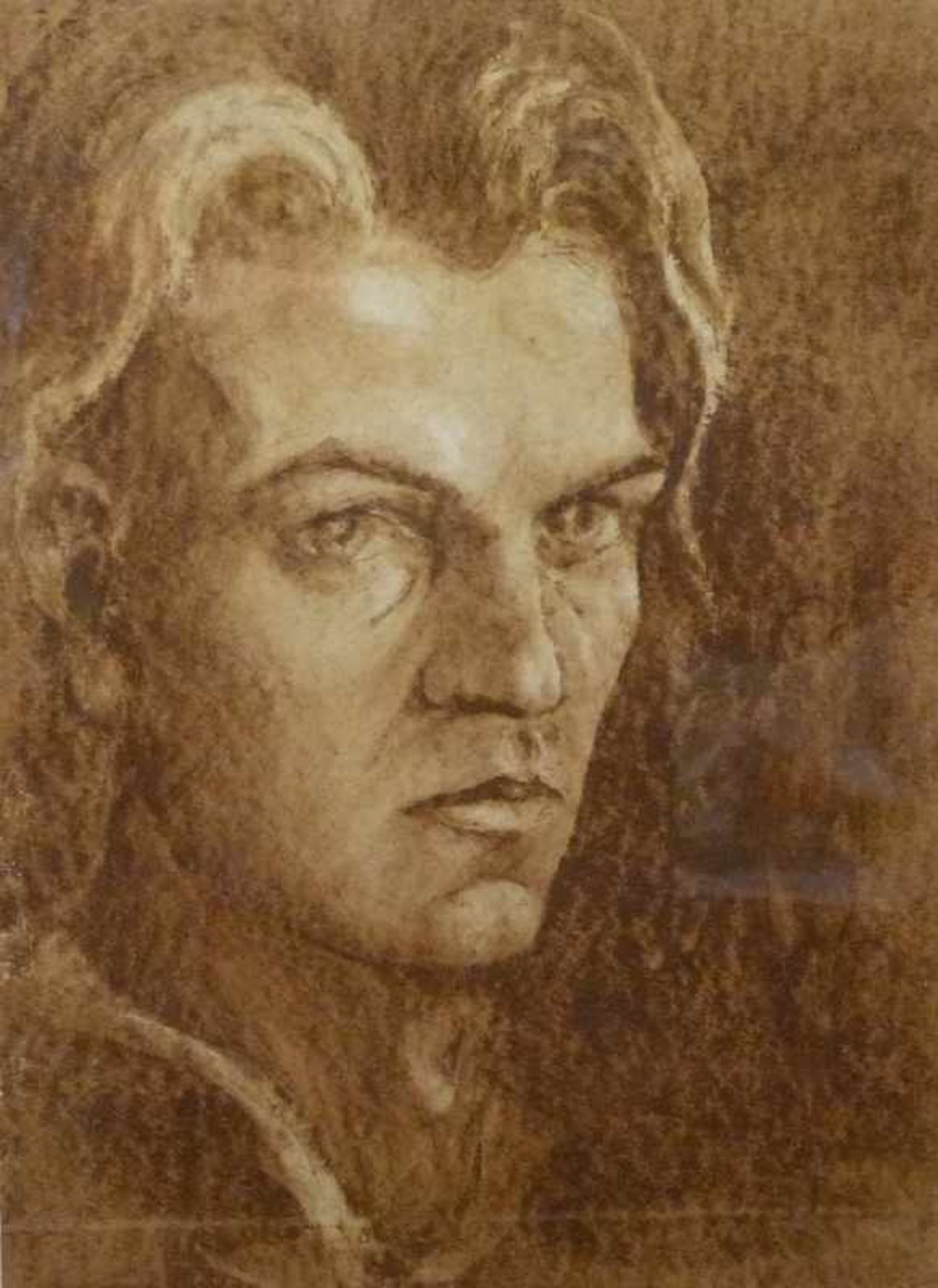 Portrait Gouache, Kopf eines jungen dem Betrachter zugewandten Mannes, 32x23 cm