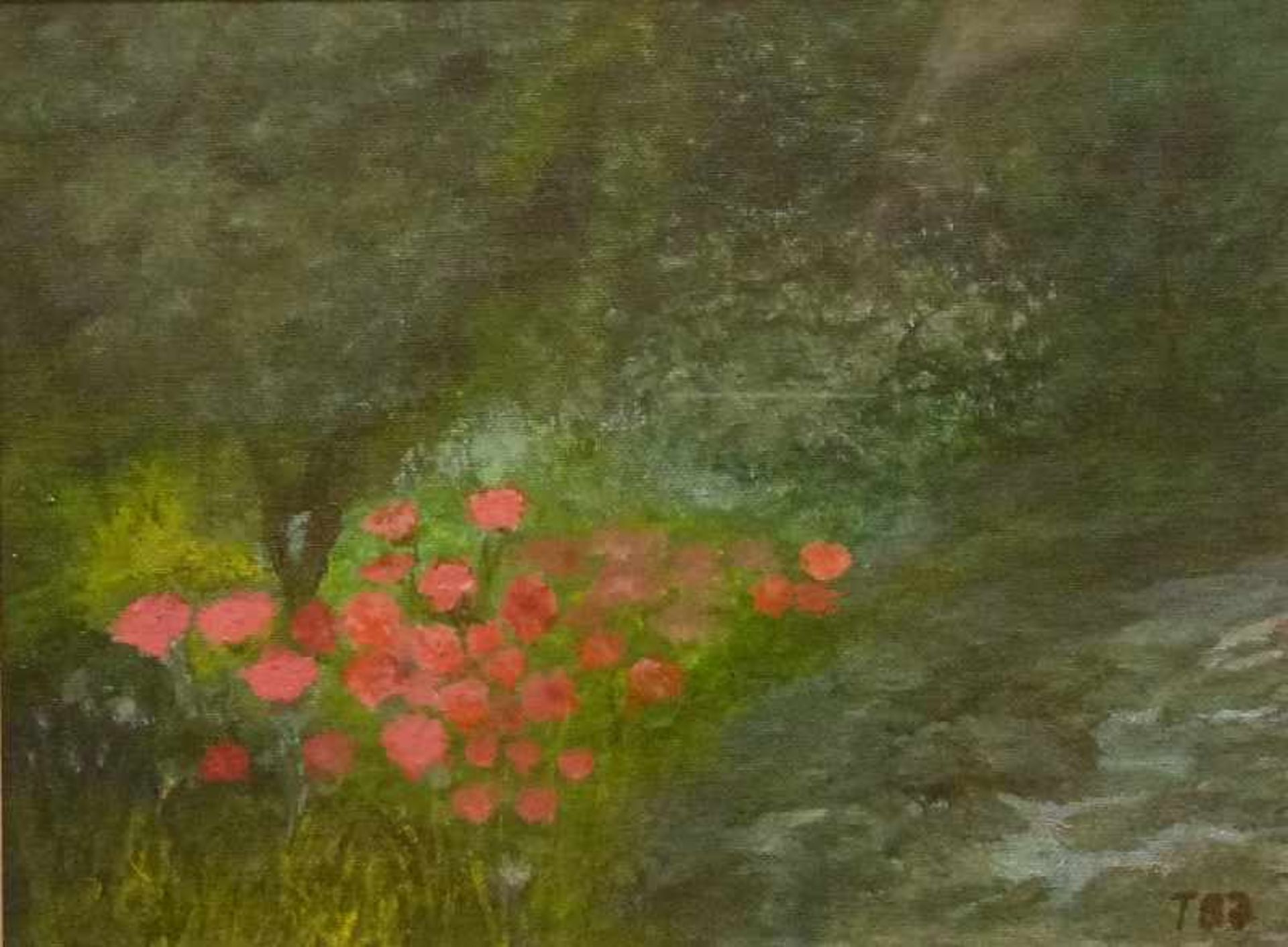 Am Teich, 1987 Öl/Lw, monogr. T 87, Mohnblumen am Ufer unter Bäumen, R, 17x23 cm