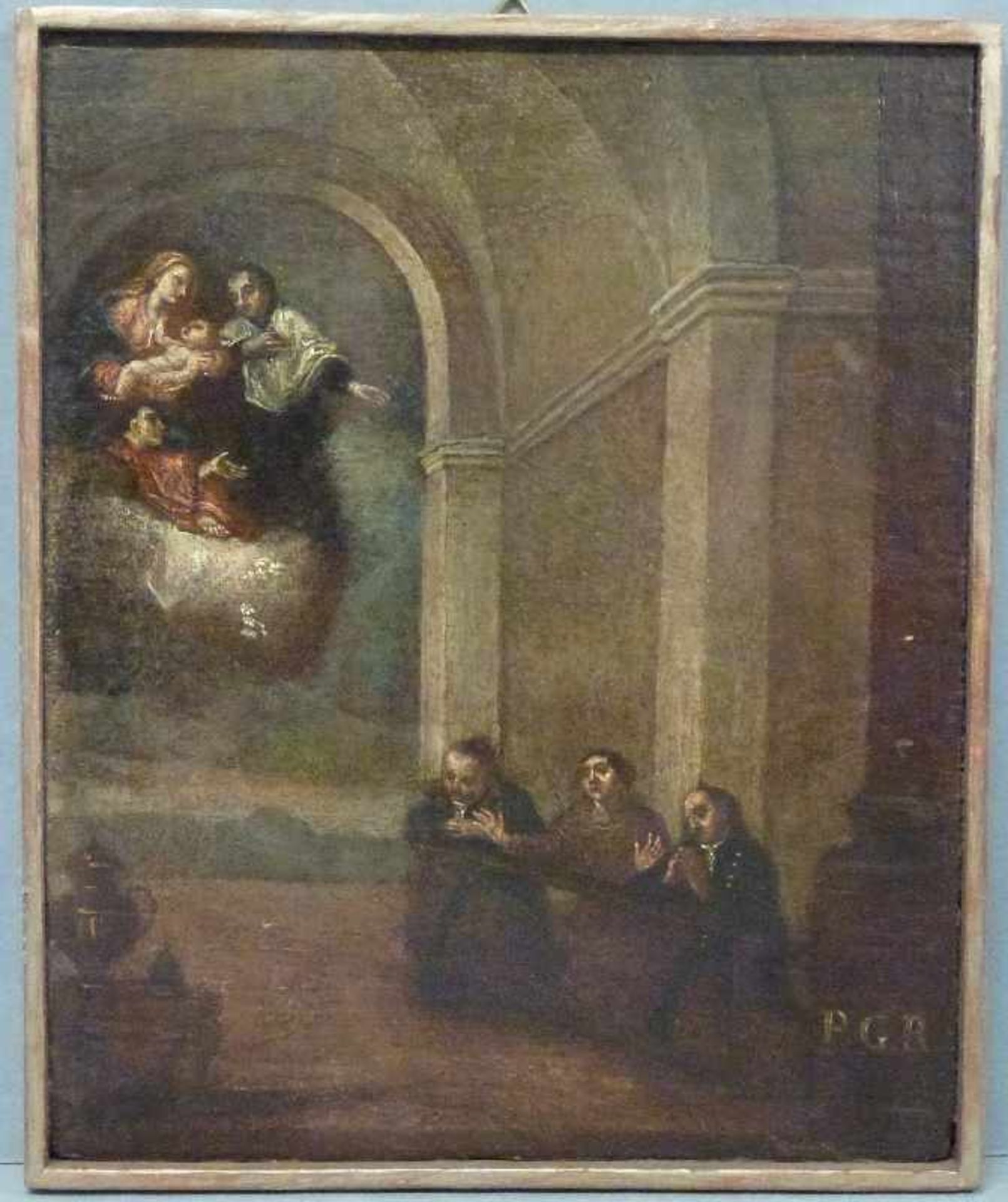 Votivbild, 19.Jh. Öl/Holz, in Kirche Betende und Flehende, Maria mit Jesuskind in Wolken, Monogr.: - Bild 2 aus 2