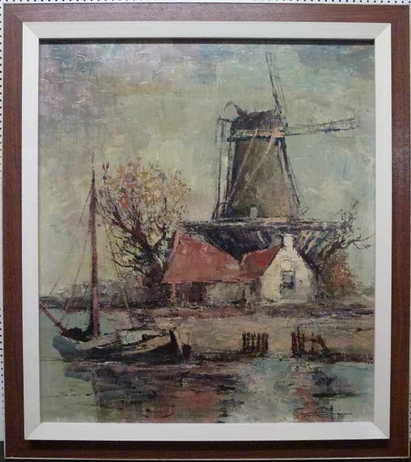 Windmühle, Ewald Hess (1908-1995) Öl/Platte, sign., Windmühle und Kate am Ufer, Fischerboot im VG, - Bild 2 aus 4