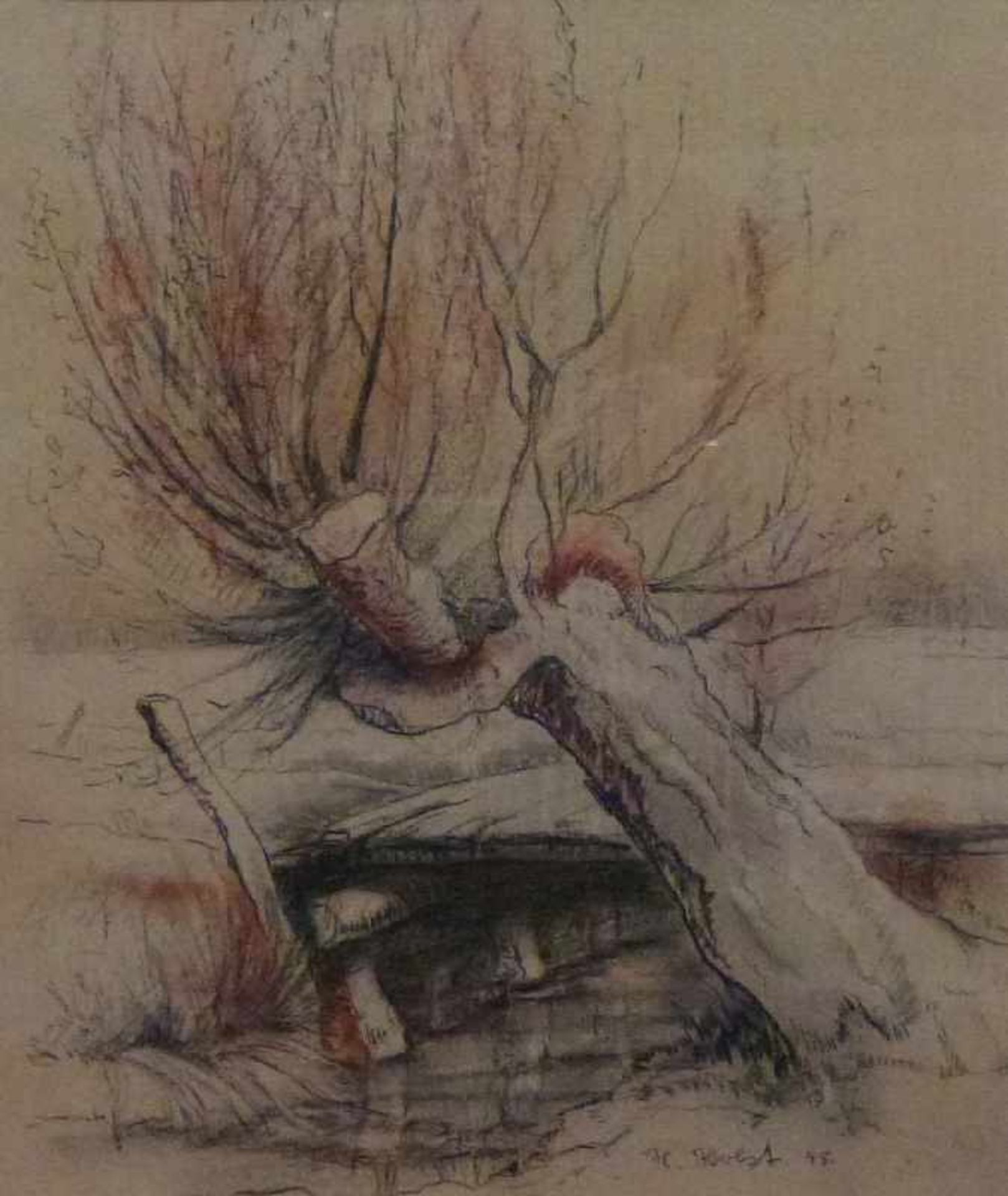 Kopfweide, sign. H. Holst. 45. Blei- und Buntstift, winterliche Weide am Bach, R, 28x23 cm