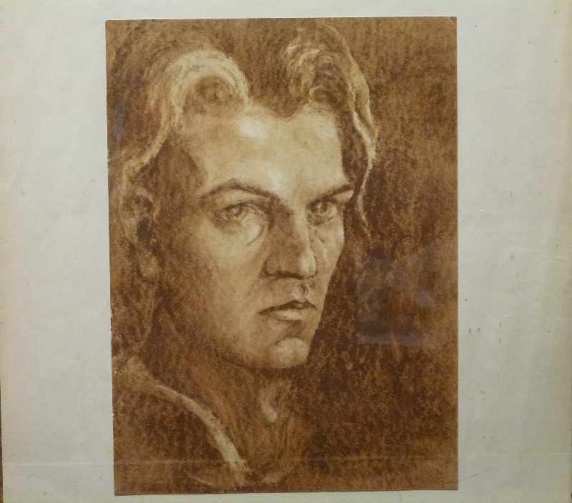 Portrait Gouache, Kopf eines jungen dem Betrachter zugewandten Mannes, 32x23 cm - Bild 2 aus 3