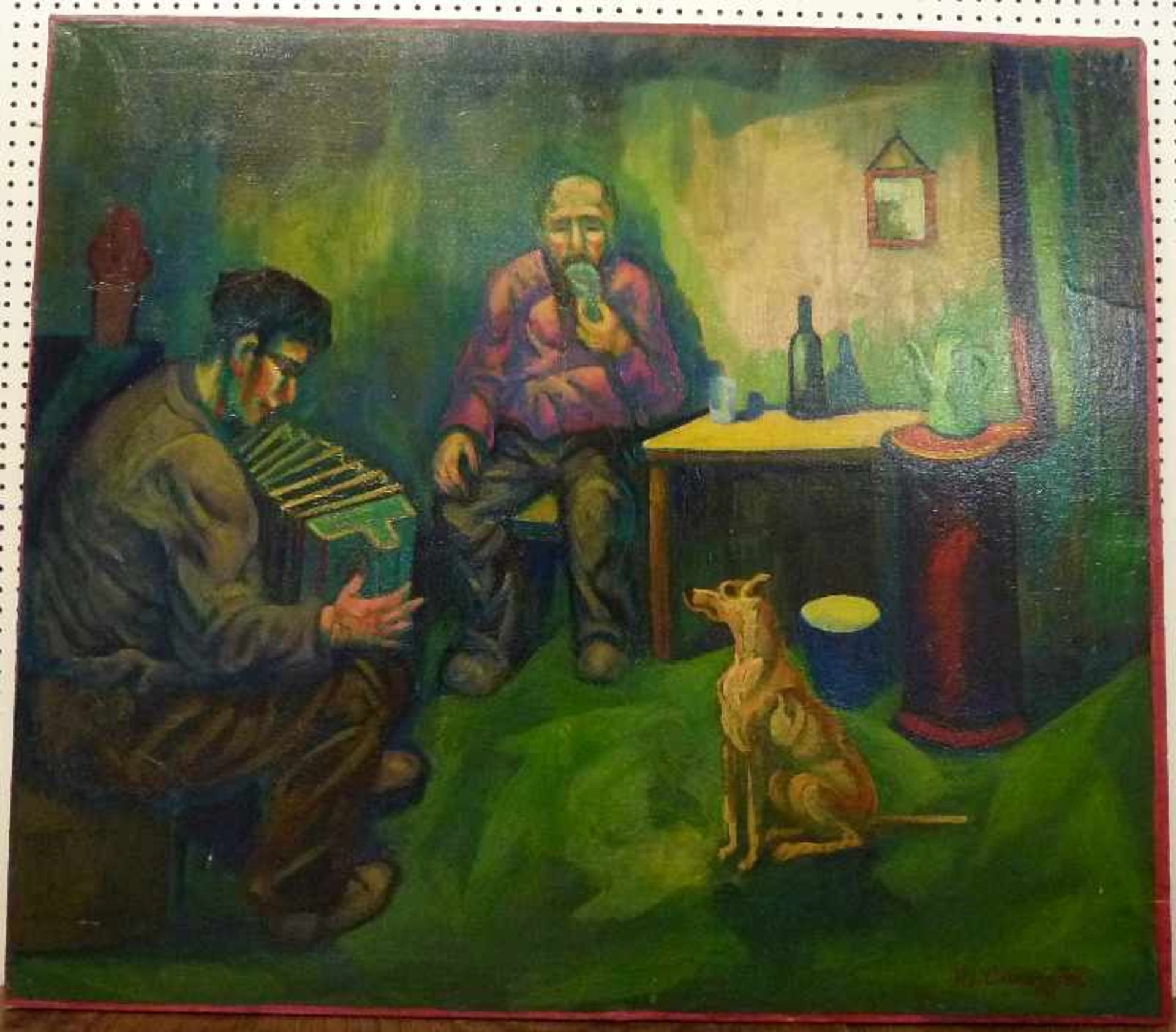 Abendliche Unterhaltung, Nicolas Sinezouboff (1891-1956) Öl/Lw, sign., boubl., alter Mann und Hund - Bild 2 aus 2