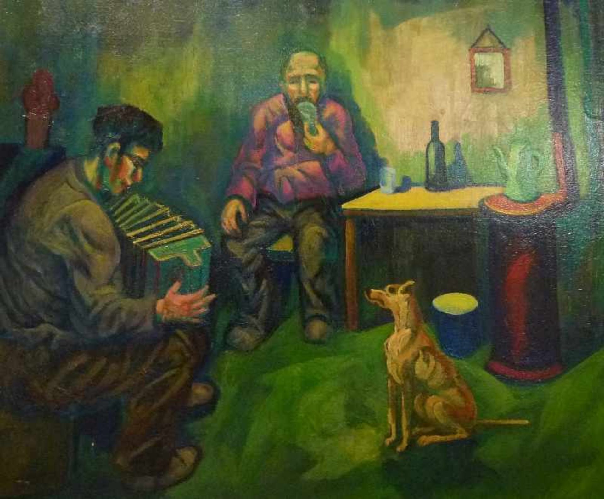 Abendliche Unterhaltung, Nicolas Sinezouboff (1891-1956) Öl/Lw, sign., boubl., alter Mann und Hund