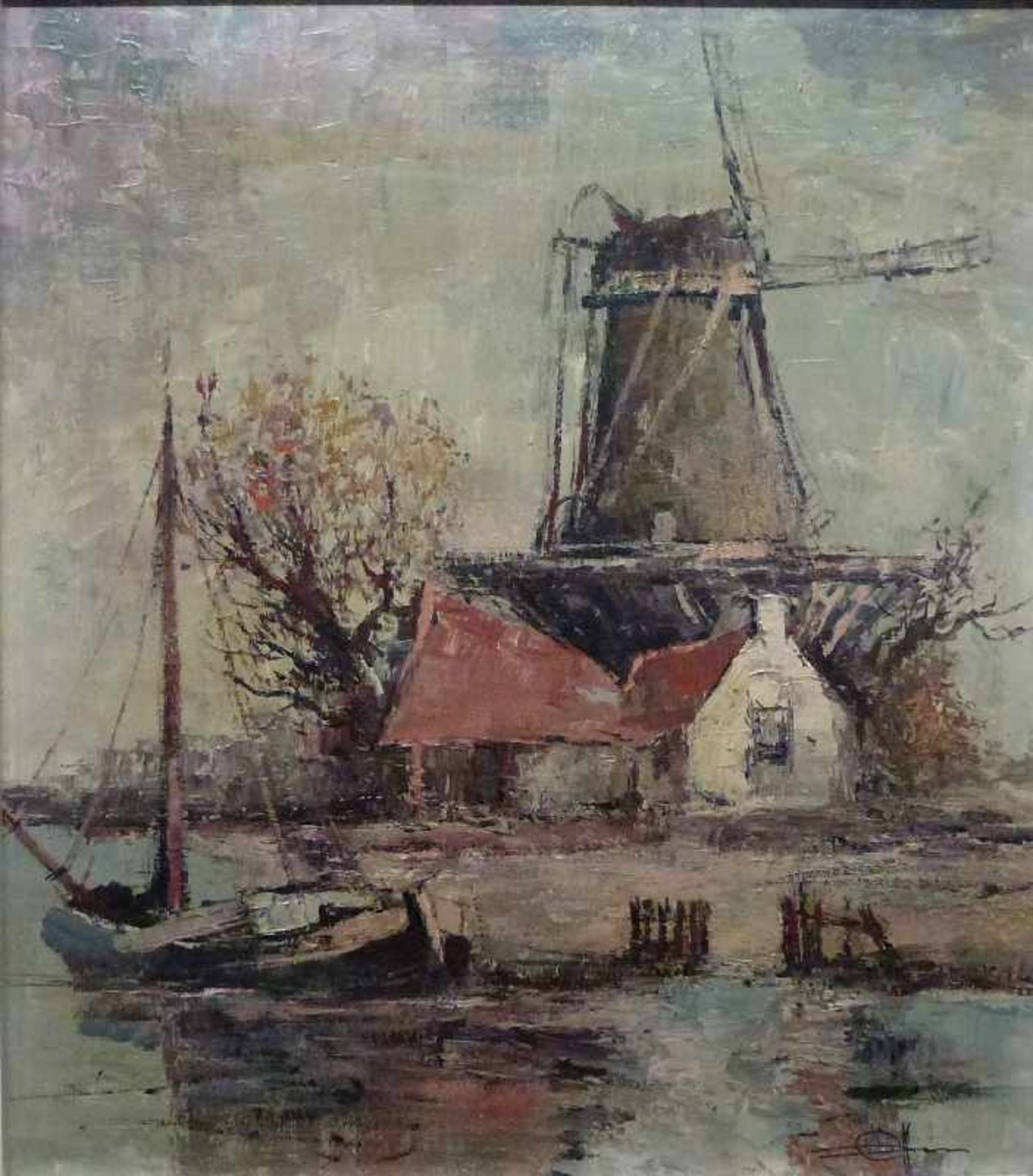 Windmühle, Ewald Hess (1908-1995) Öl/Platte, sign., Windmühle und Kate am Ufer, Fischerboot im VG,