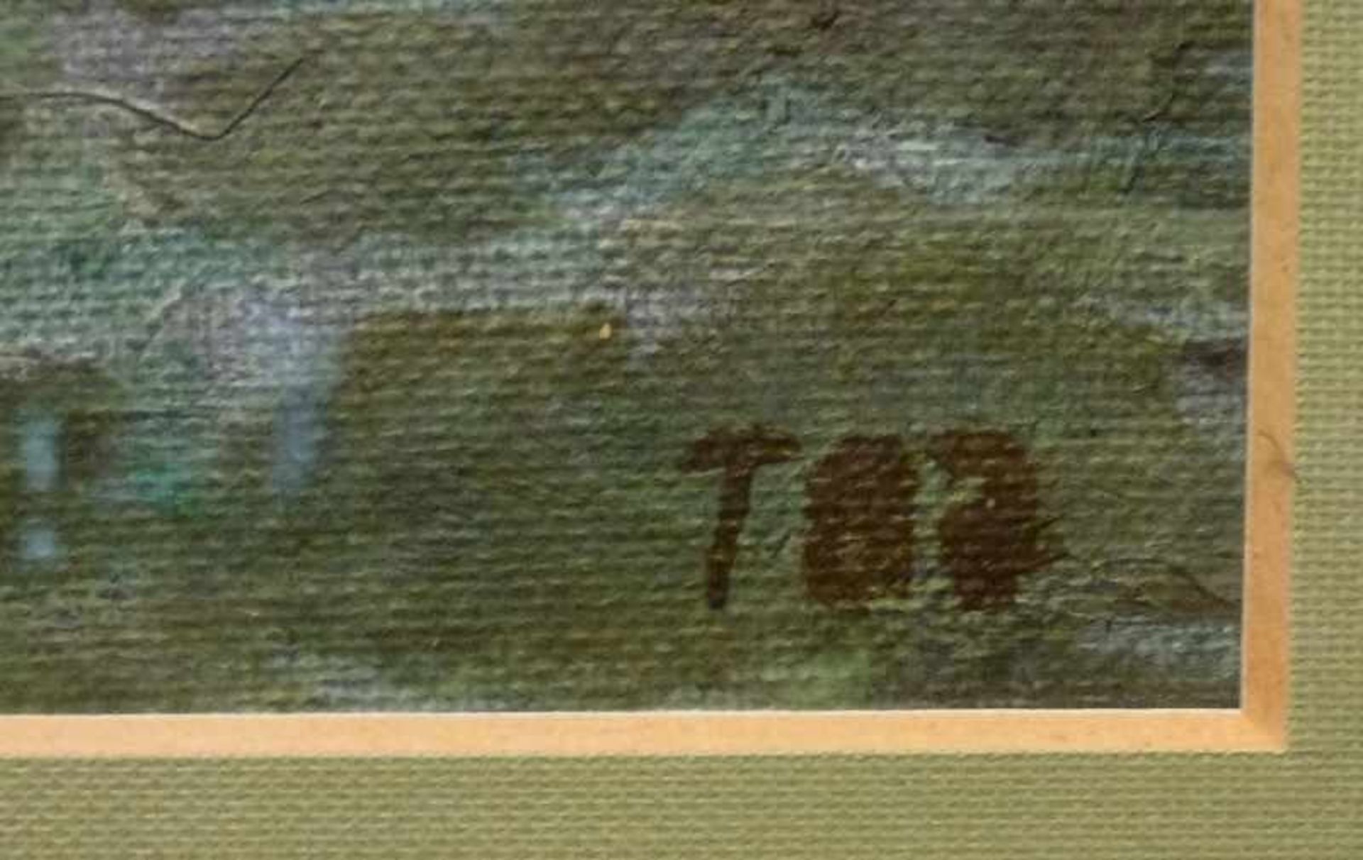 Am Teich, 1987 Öl/Lw, monogr. T 87, Mohnblumen am Ufer unter Bäumen, R, 17x23 cm - Bild 3 aus 3