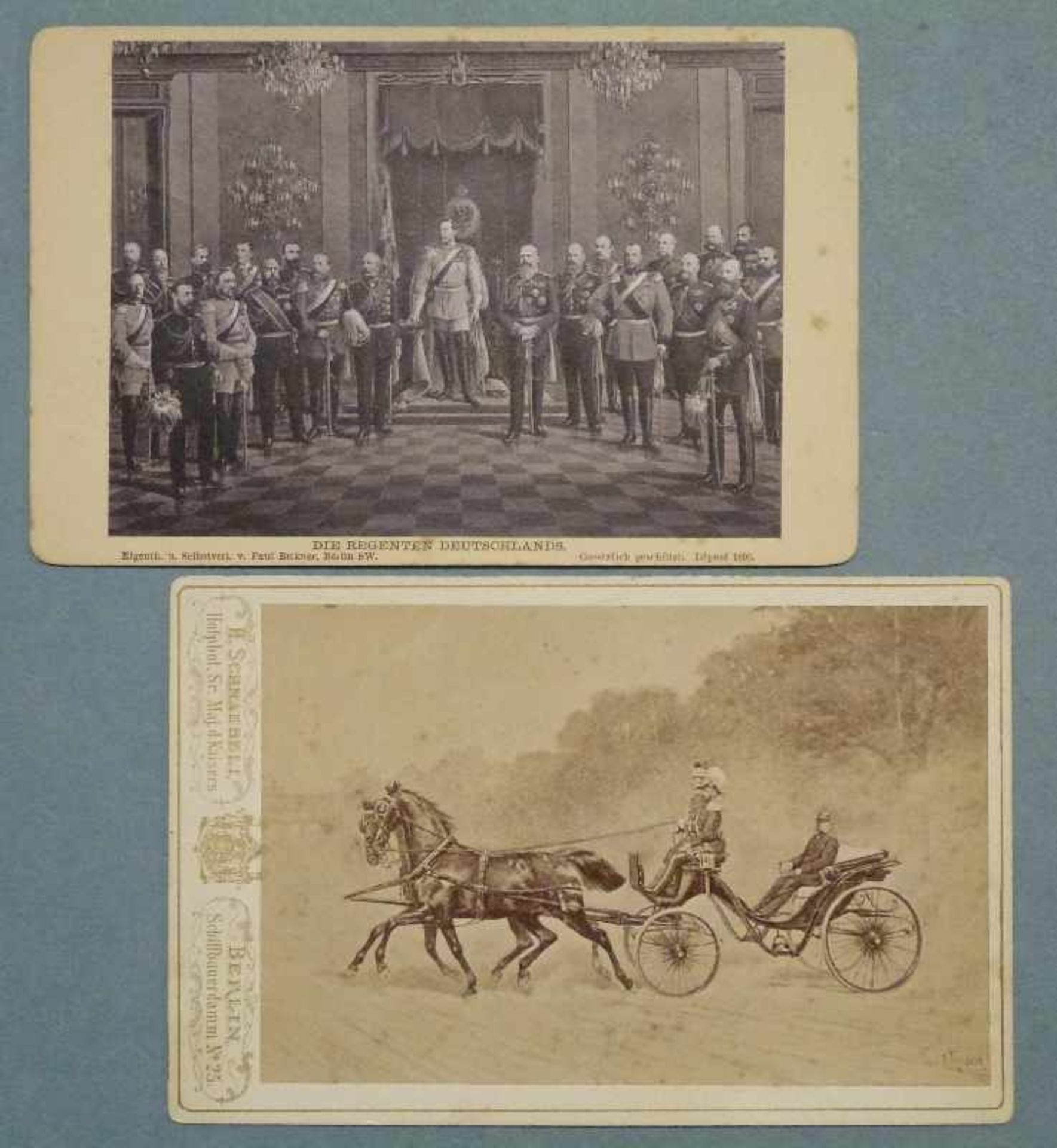 2 Fotokarten, Wilhelm I. u. "Die Regenten Deutschlands" Der Kaiser im offenen Landauer,
