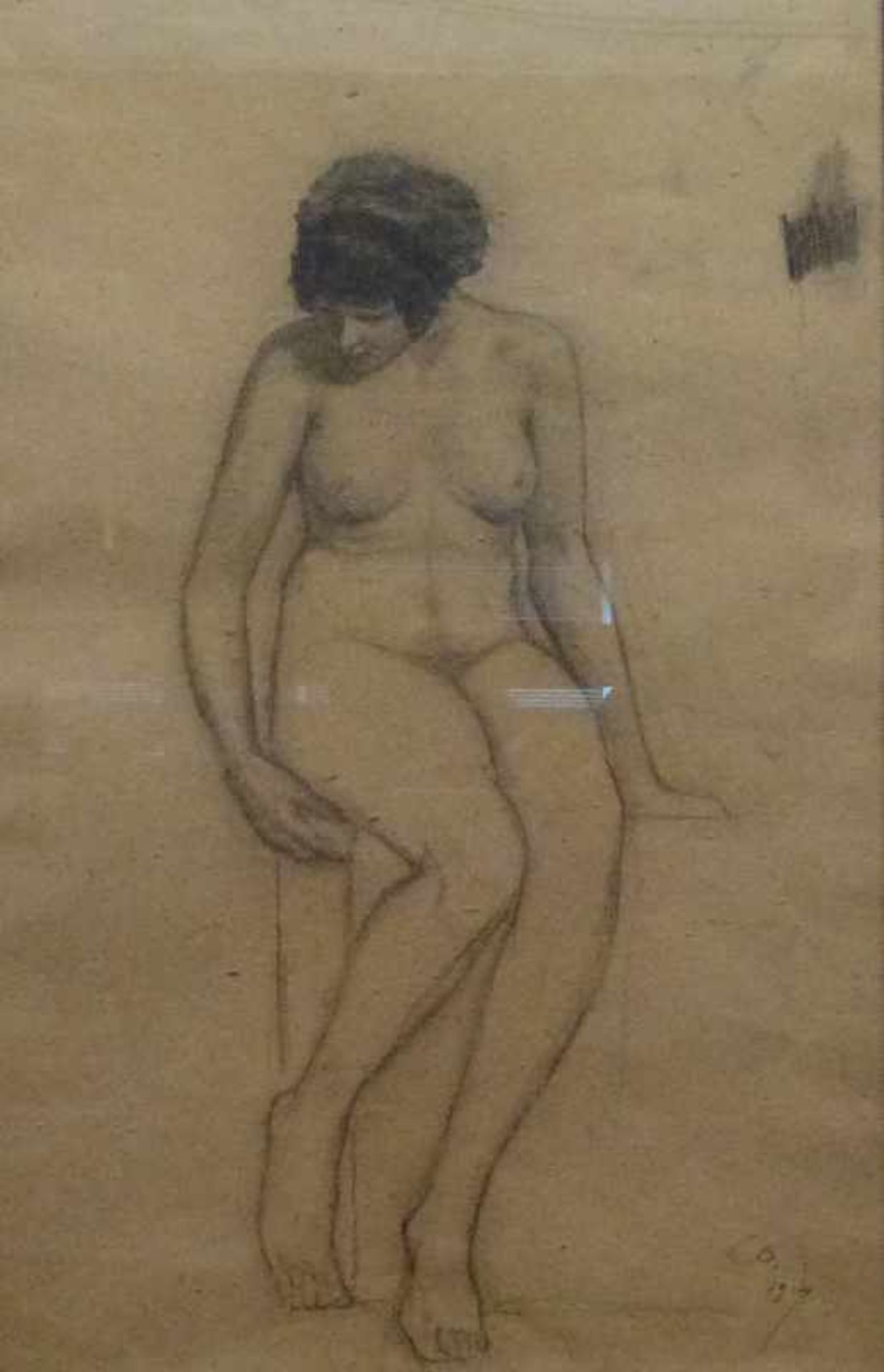 Aktstudie Bleistiftzeichnung, monogr. LG. 1914, auf Bord sitzende junge Frau, R., 47x30 cm