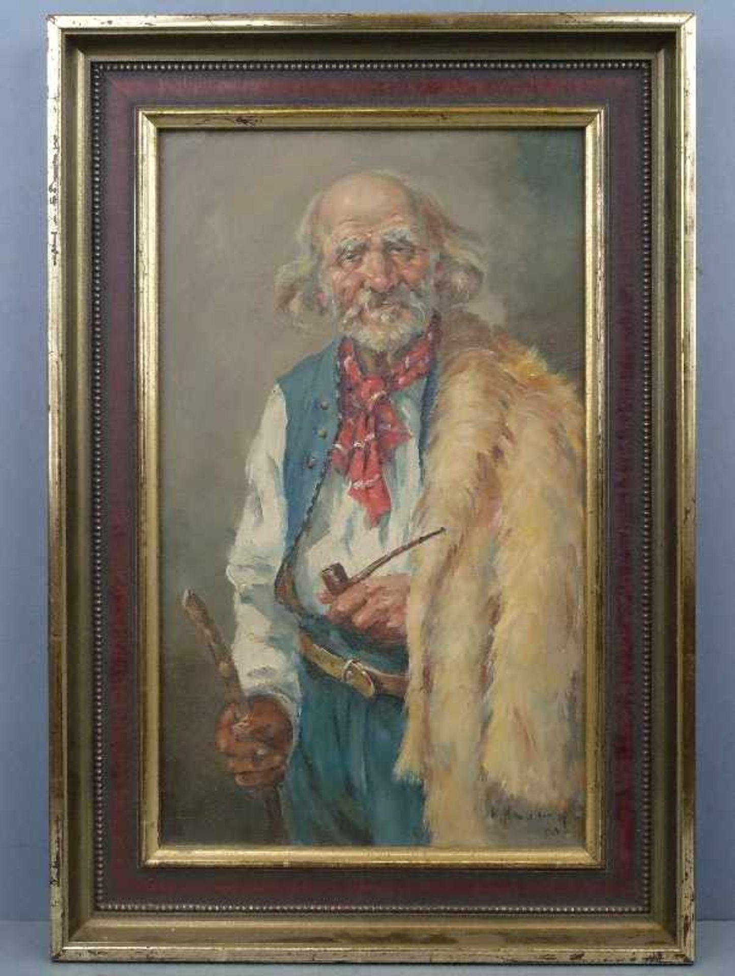 Portrait, Mitte 20.Jh. Öl/Lw, undeutl. sign., Alter Mann mit Felljacke, Pfeife und Stock, GR, - Bild 2 aus 3
