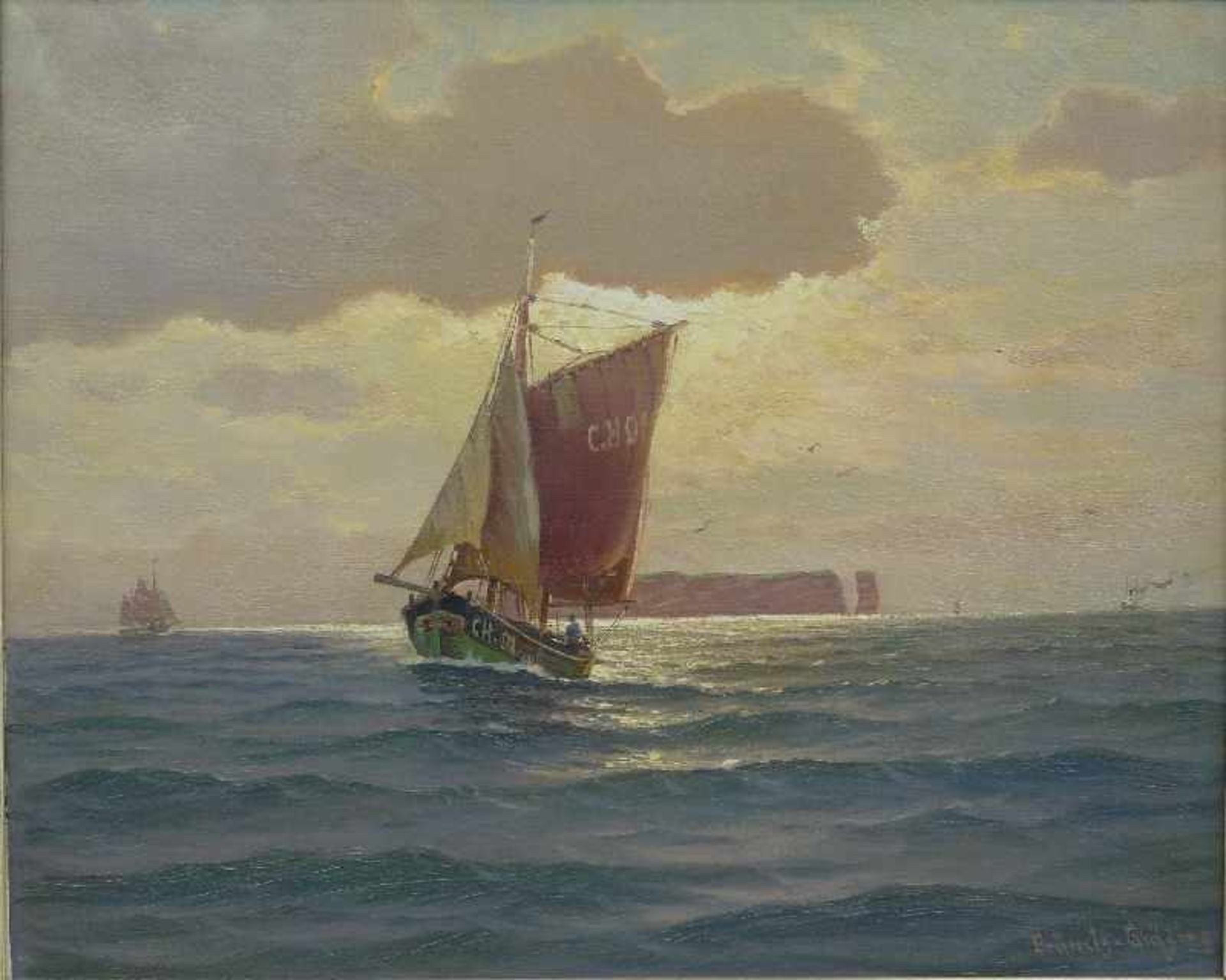 Fischkutter vor Helgoland, Martin Franz Glüsing (1885-1956) Öl/Lw, 2 Fischerboote u. Dampfer vor