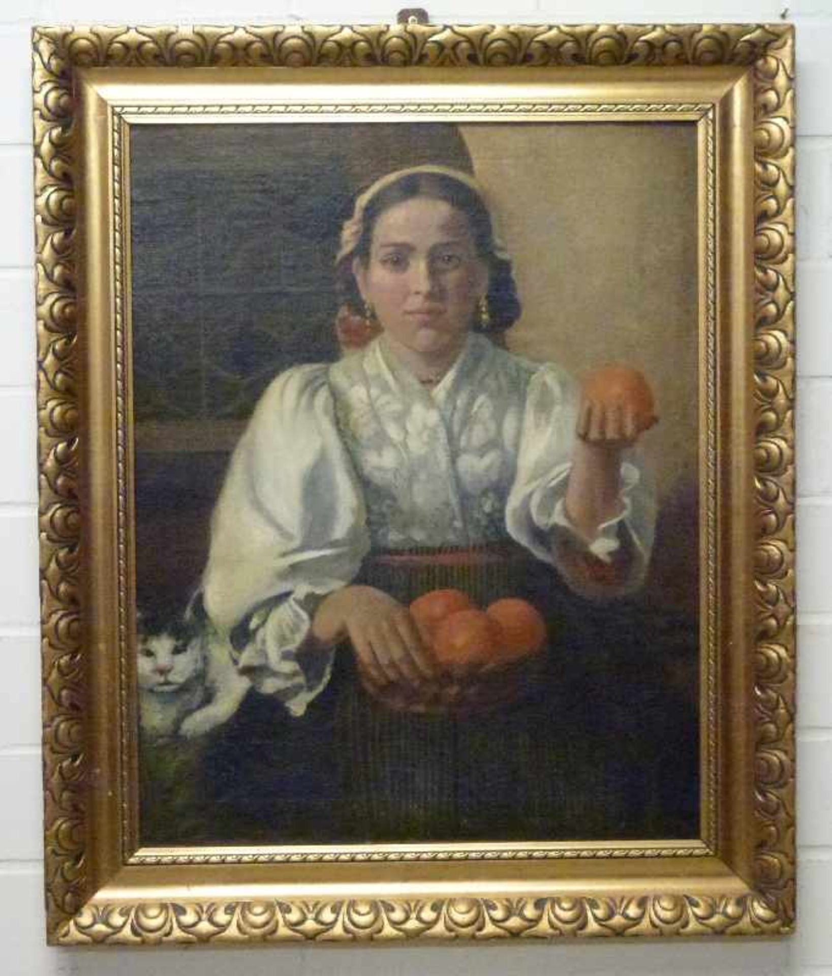 Junge Frau, M. Wegner Düsseldorf 1898 Öl/Lw, doubl., Mädchen mit Katze, Korb mit Orangen haltend, - Bild 2 aus 3