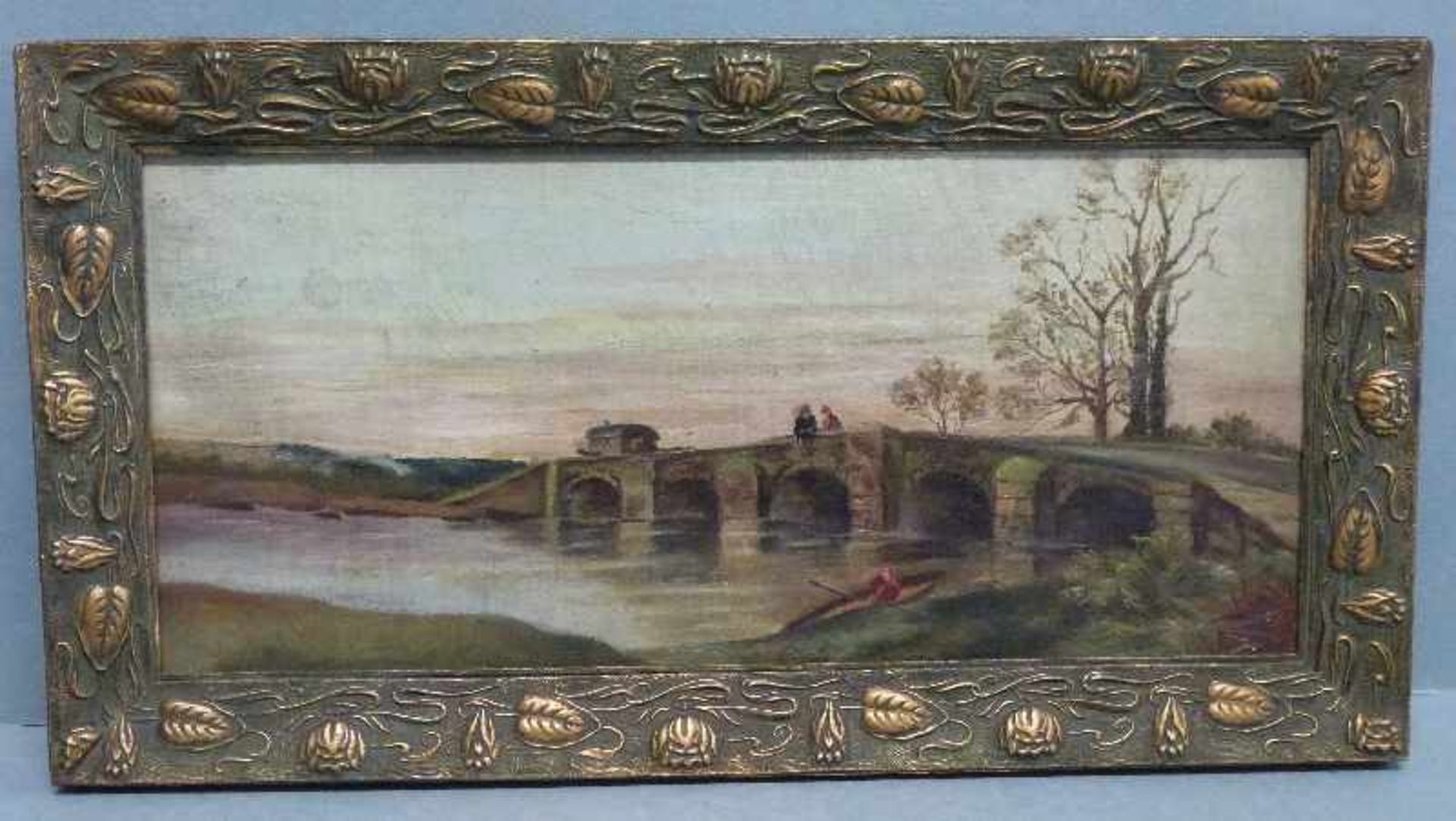 Brücke, um 1900 Öl/Malkarton, unsign., auf Brücke stehende Kutsche m. 2 rastenden Personen, Nachen - Bild 2 aus 2