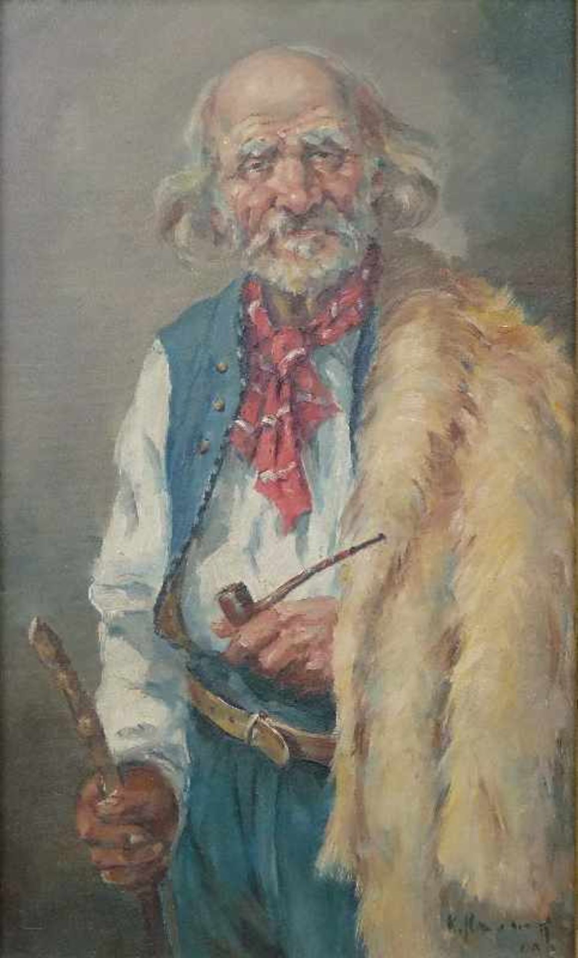 Portrait, Mitte 20.Jh. Öl/Lw, undeutl. sign., Alter Mann mit Felljacke, Pfeife und Stock, GR,
