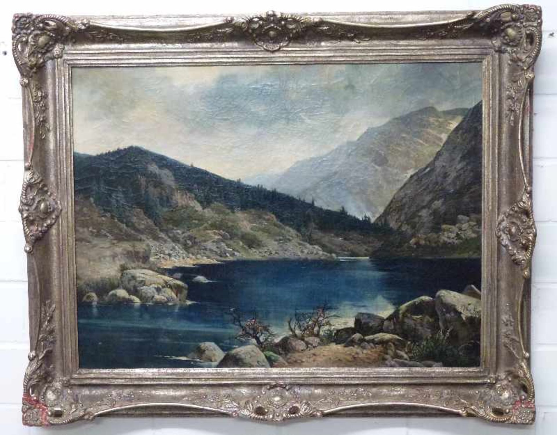 Gebirgssee, Gustaf Fürst (1840 - ?) Öl/Lw, sign., See zwischen Bergen, 2 kl. Flicken, GR 60x82cm, - Bild 2 aus 3