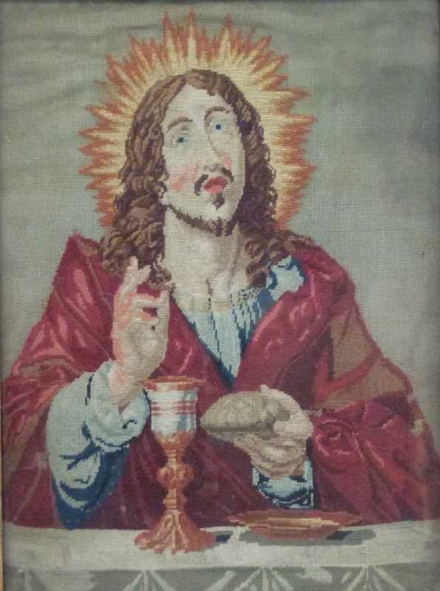 Stickbild, Christus, 19.Jh. Wein und Brot segnender Christus, kl. Fehlstellen, alte Goldleiste,