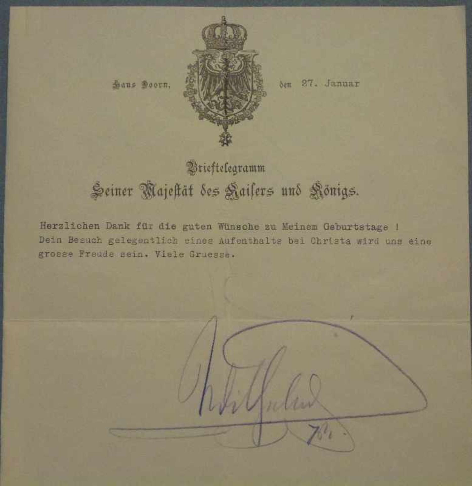 Brieftelegramm Kaiser Wilhelm II. Briefbogen aus Haus Doorn m. eigenhändiger Unterschrift Kaiser - Bild 2 aus 4