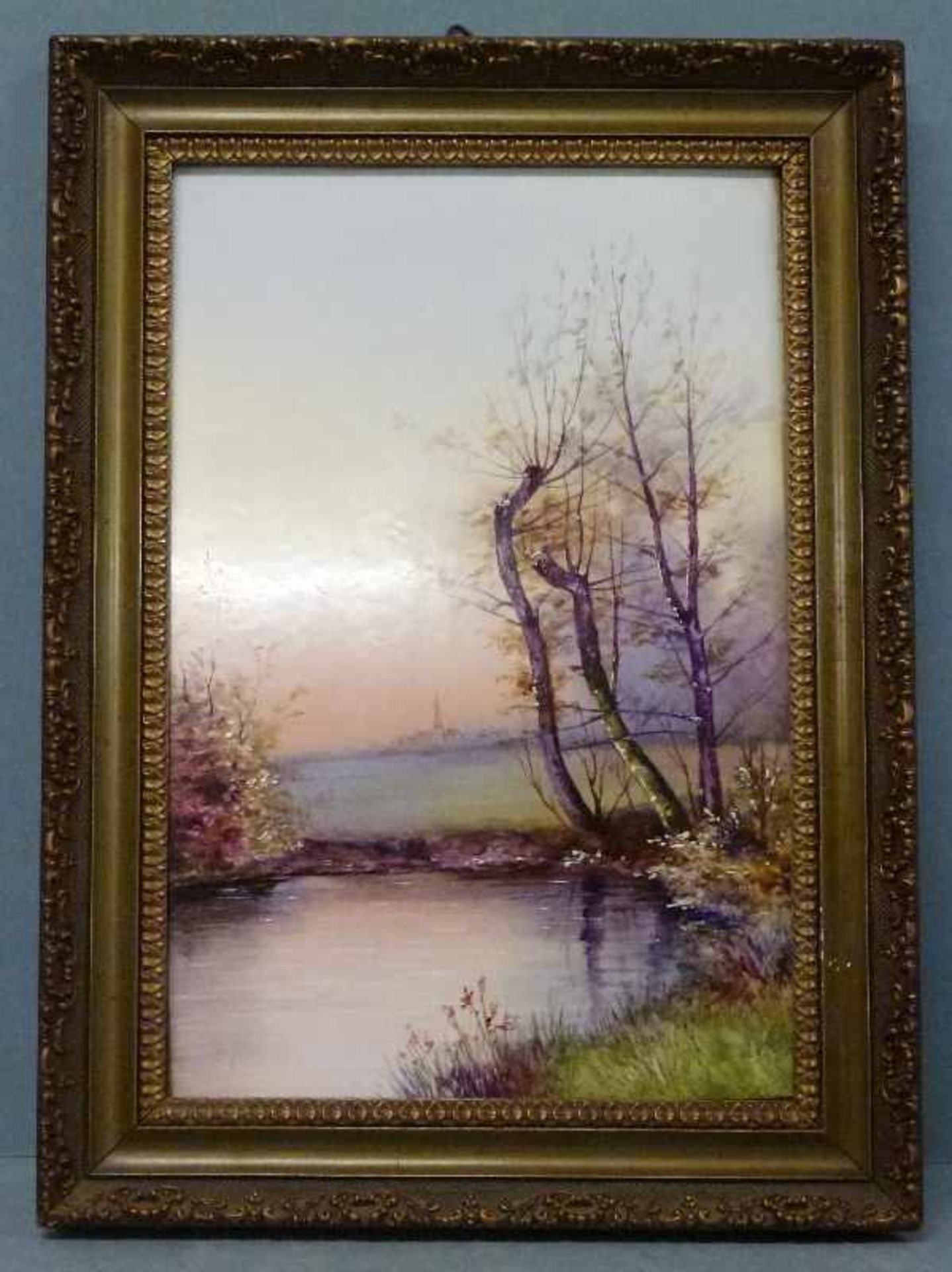 Fayenceplatte, um 1900 hochrechteckig, Landschaftsmalerei, GR, 30x20 cm - Bild 2 aus 2