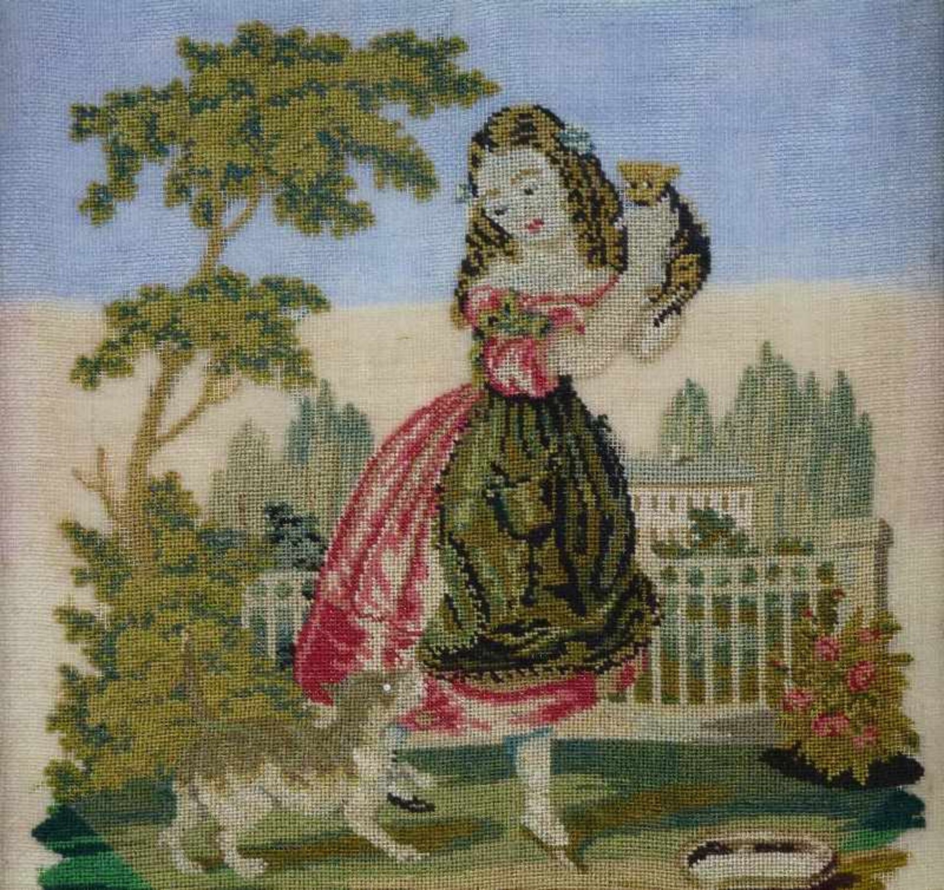 Schlüsselkasten, um 1840 Stickbild: Mädchen, Katze vor Hund schützend, Hohlkehl-Rahmen mit geprägtem - Bild 2 aus 2