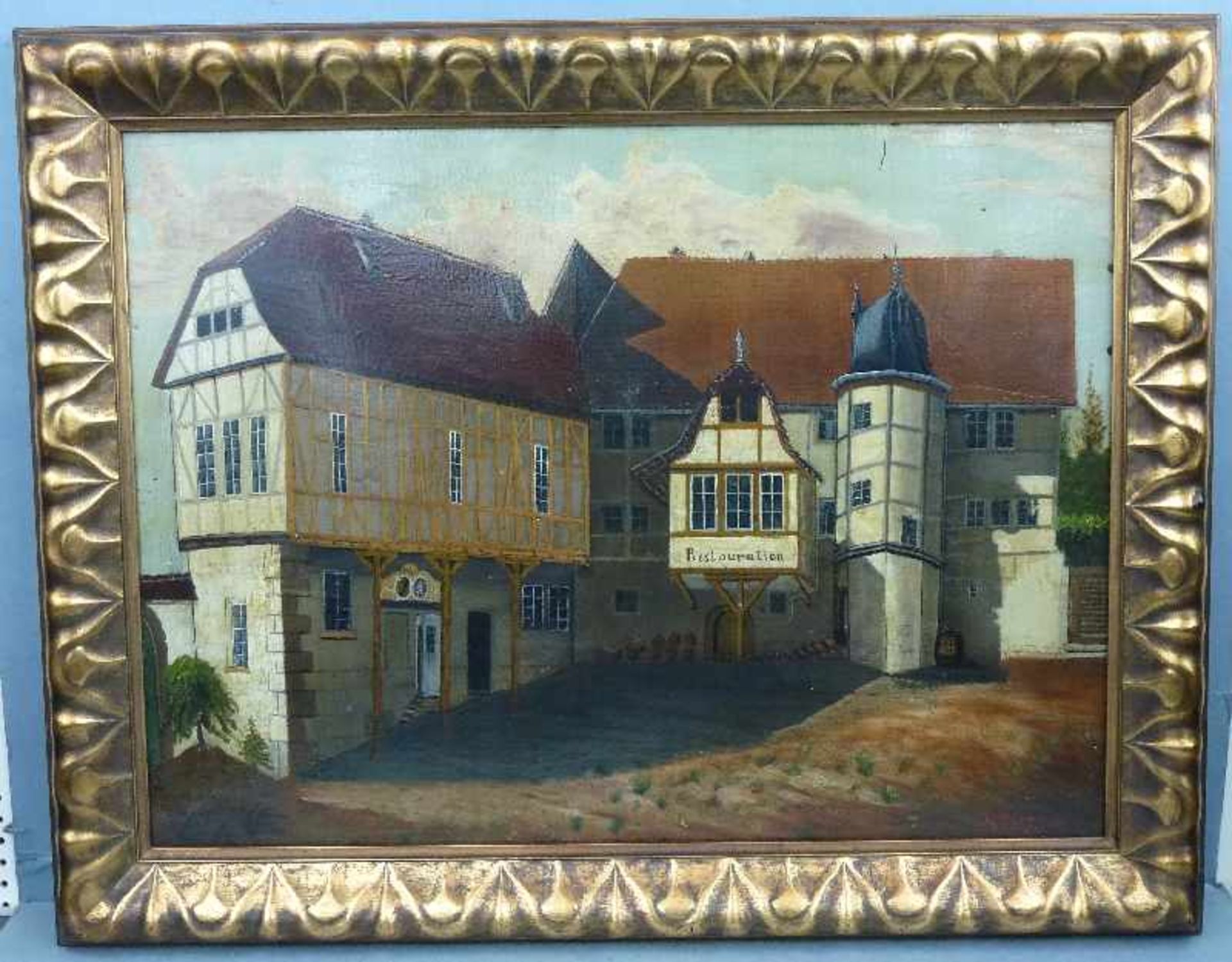 Wirtshaus, H. Kellner 1888 Öl/Platte, sign., über Eck gebautes Wirtshaus mit Turm, GR, 46x62cm - Bild 2 aus 3
