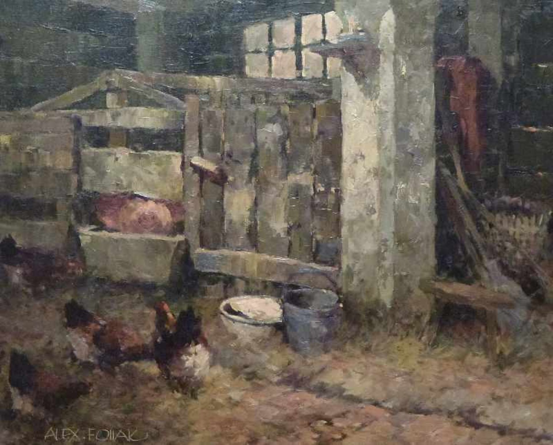 Stall, Alexander Follak (1915-2006) Öl/Lw, Hühner und Schwein im Stall, R, 50x61cm