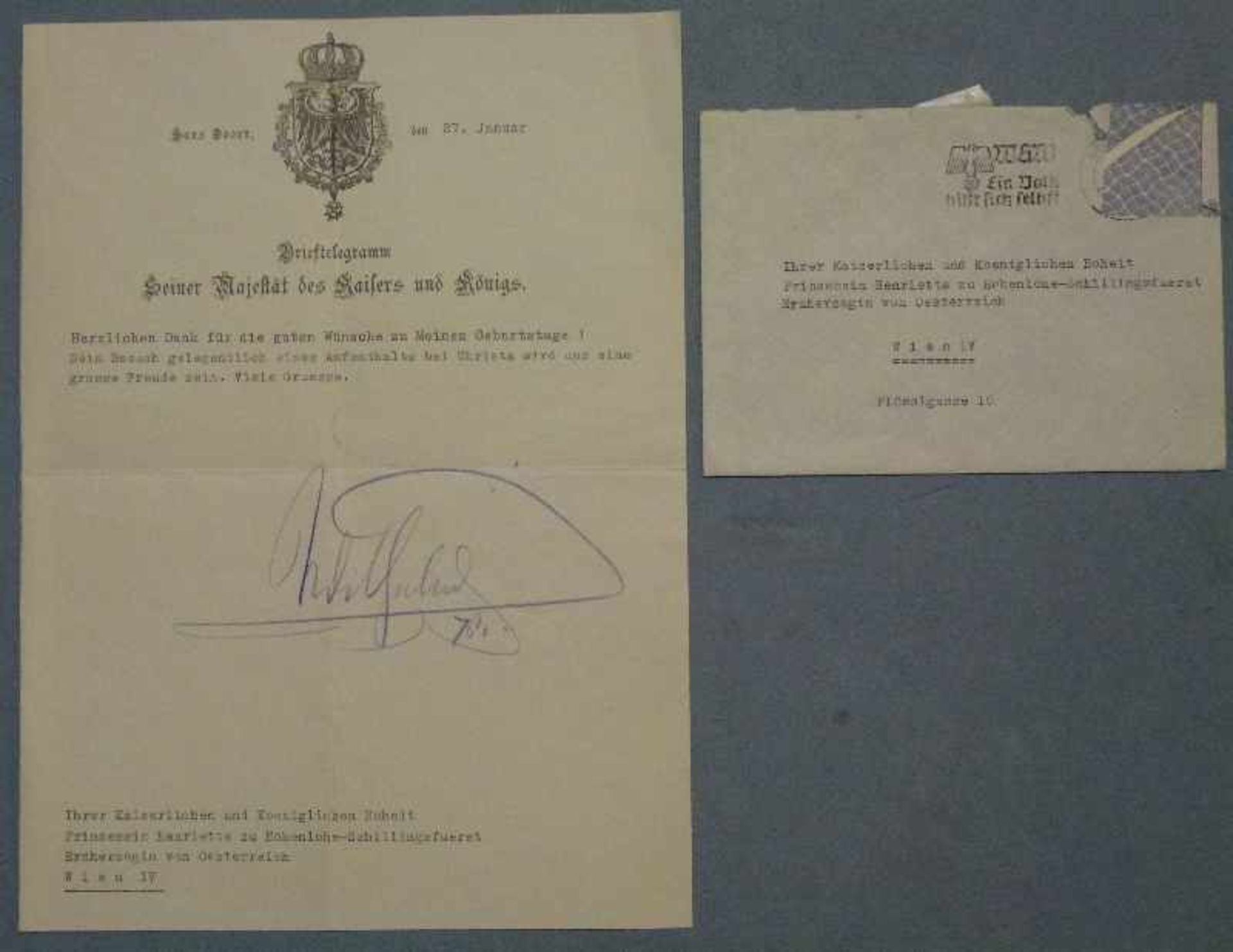 Brieftelegramm Kaiser Wilhelm II. Briefbogen aus Haus Doorn m. eigenhändiger Unterschrift Kaiser
