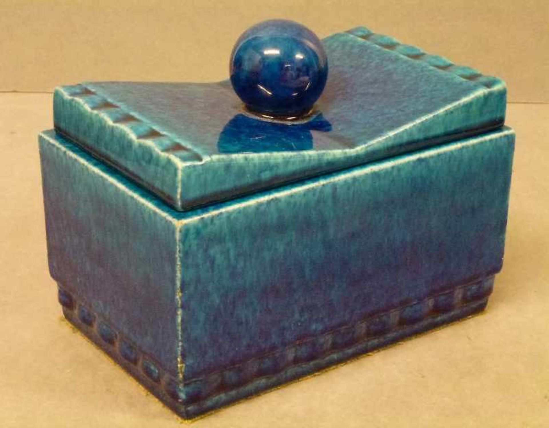 Keramikdose, Paul Milet (1870-1950), Sèvres blau-türkis marmorierte Glasur, rechteckig, unten