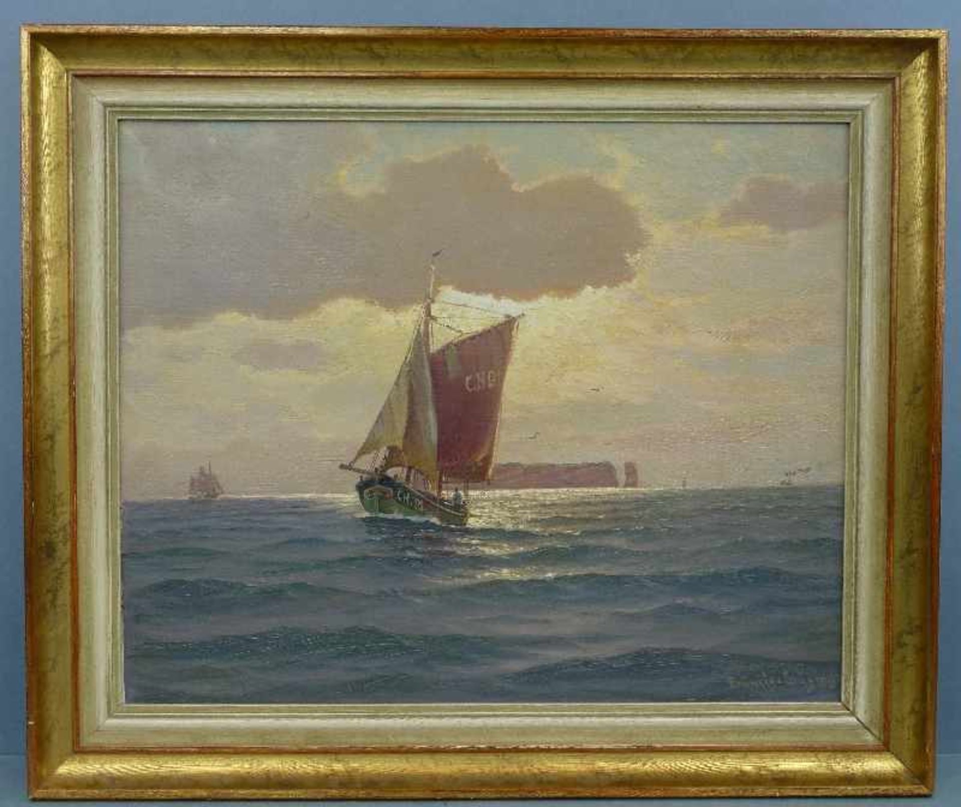 Fischkutter vor Helgoland, Martin Franz Glüsing (1885-1956) Öl/Lw, 2 Fischerboote u. Dampfer vor - Bild 2 aus 3