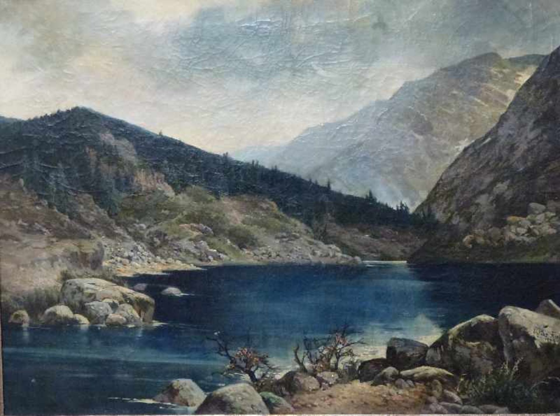 Gebirgssee, Gustaf Fürst (1840 - ?) Öl/Lw, sign., See zwischen Bergen, 2 kl. Flicken, GR 60x82cm,