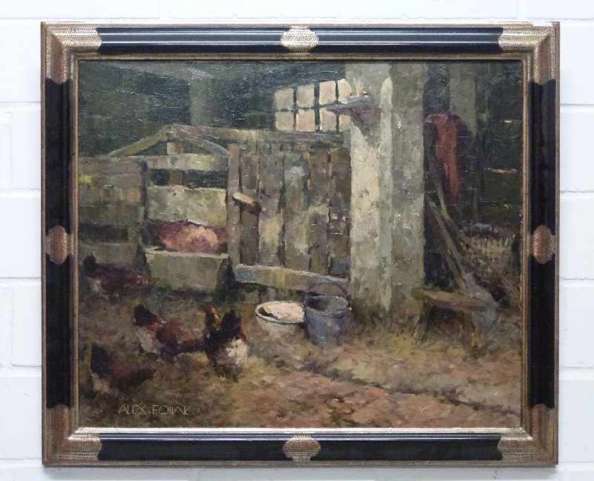 Stall, Alexander Follak (1915-2006) Öl/Lw, Hühner und Schwein im Stall, R, 50x61cm - Bild 2 aus 3