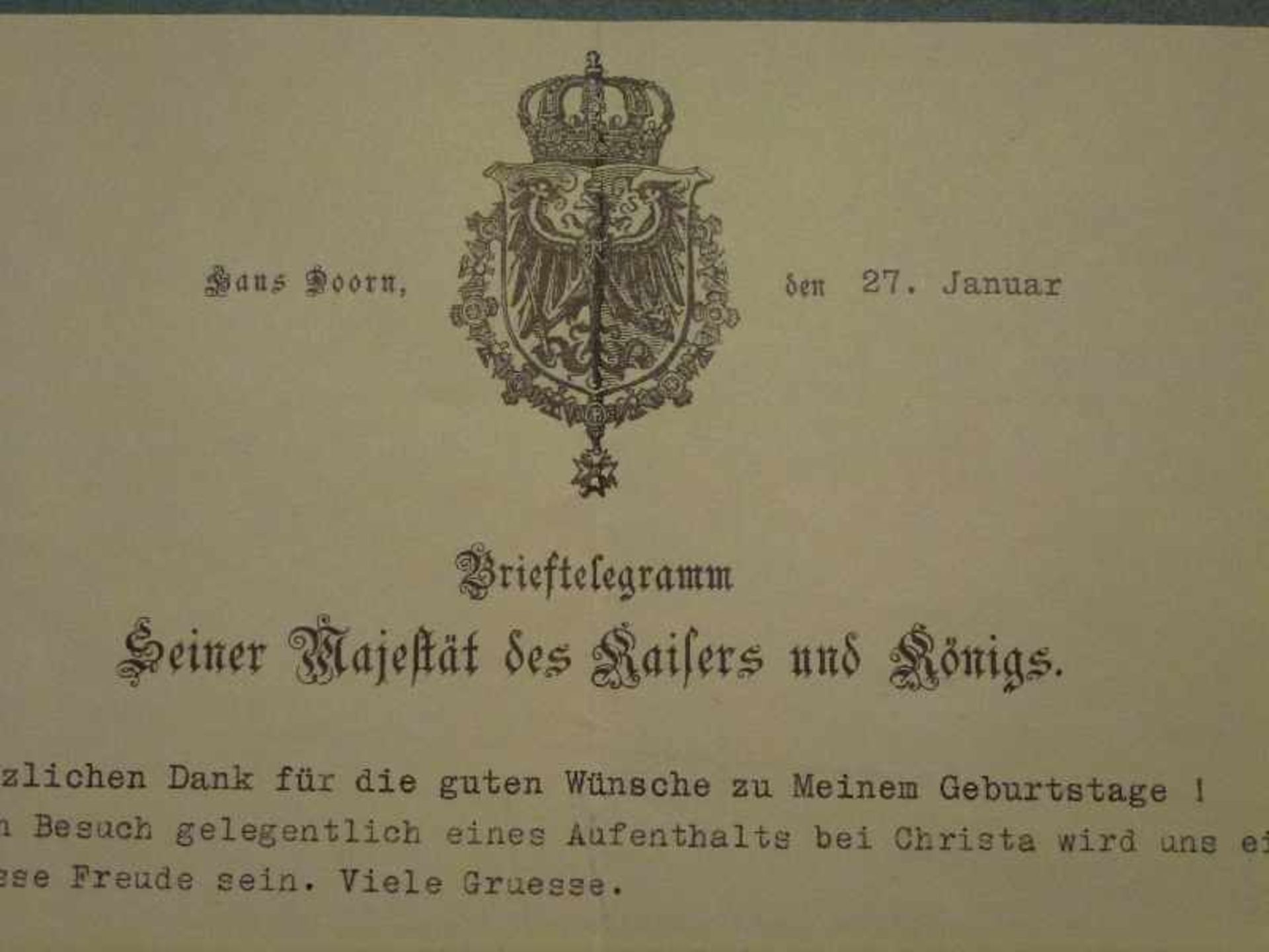 Brieftelegramm Kaiser Wilhelm II. Briefbogen aus Haus Doorn m. eigenhändiger Unterschrift Kaiser - Bild 3 aus 4
