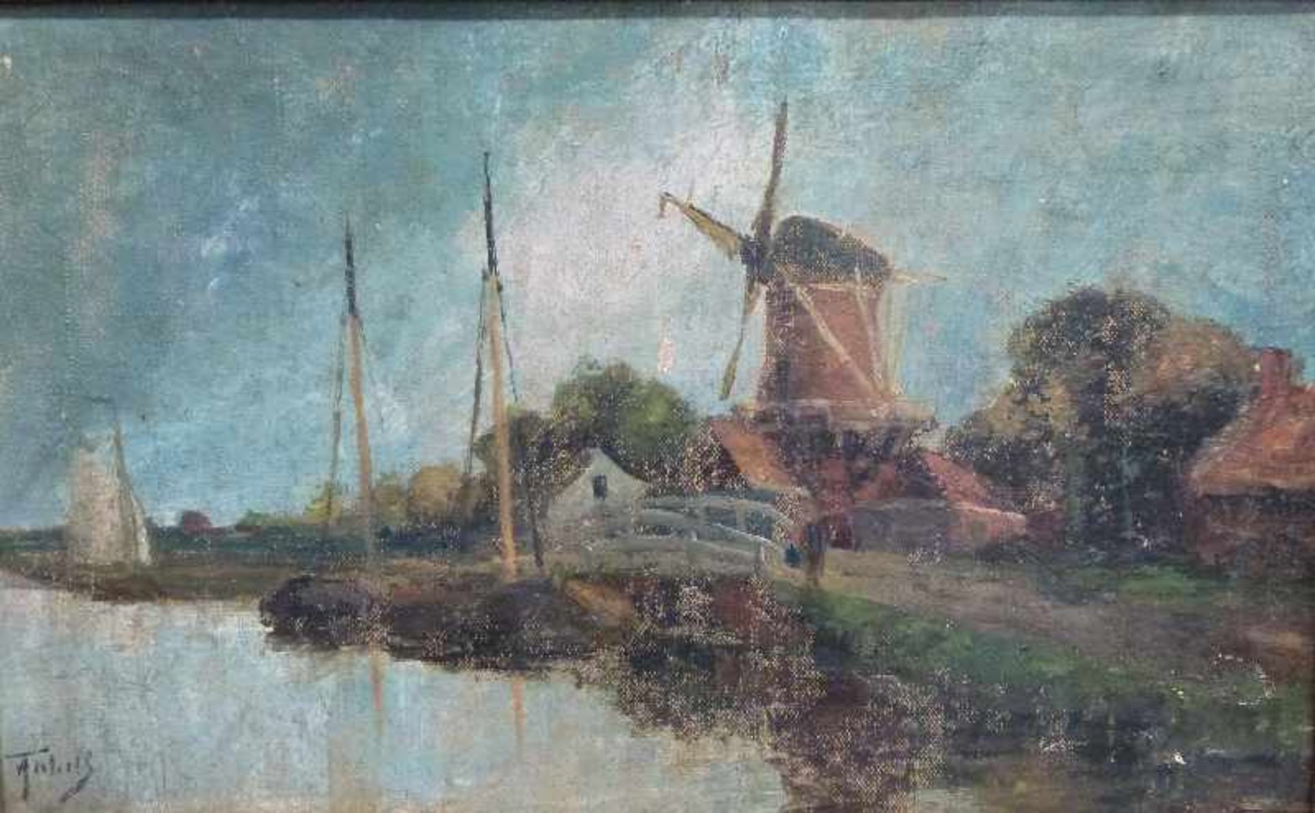 Windmühlen, um 1900 Öl/Lw auf Pappe, undeutl. sign., Segelboote an Ufer, Hofanlage m. Mühle im HG,