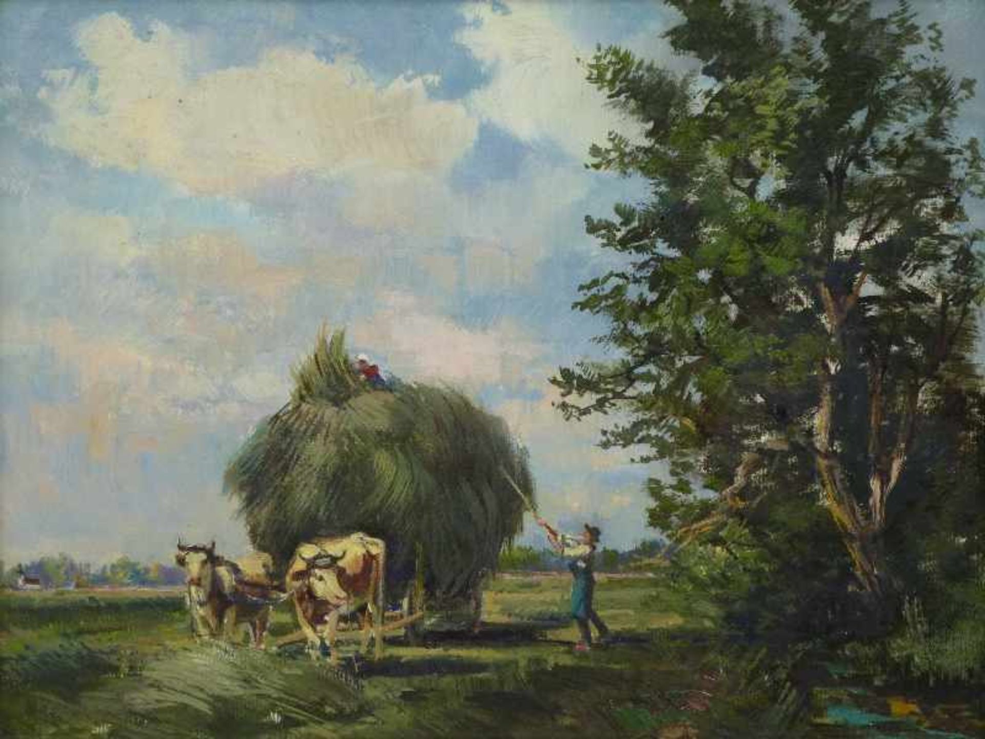 Heuernte am Chiemsee, Max Heichele (1930) Öl/Lw, sign., Bauer mit Ochsenkarren beladent, GR 23x30cm