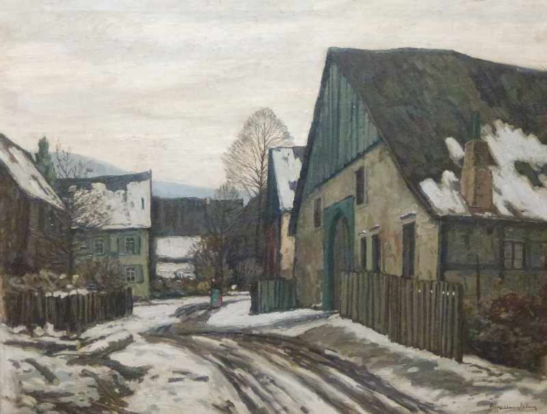 Dorfstraße im Winter, Max Hallensleben um 1900 Öl/Lw, sign., Bäuerin zwischen Höfen im Schnee,